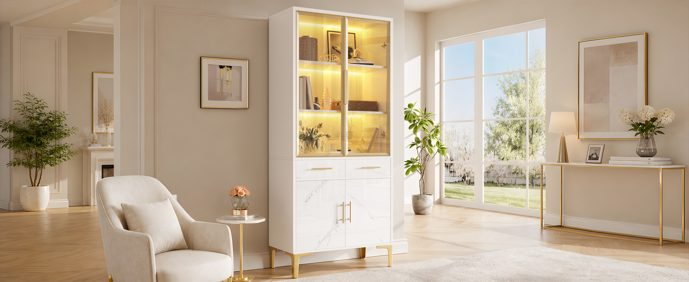Vitrine Haute Blanc - Éclairage LED, 2 Tiroirs, Portes, Étagères, Portes en Verre - MDF et Panneaux de Particules - 75×38×170cm 1