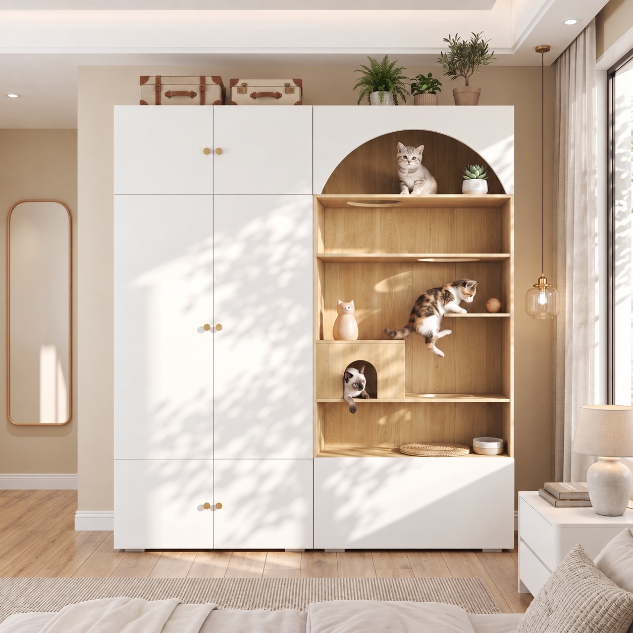 Armoire pour Chat Blanc et Bois, Mur d Escalade, Cachette Chat, Sans Coussin, Rangement - Particules et Bois - 180x50x200cm - Maison 2