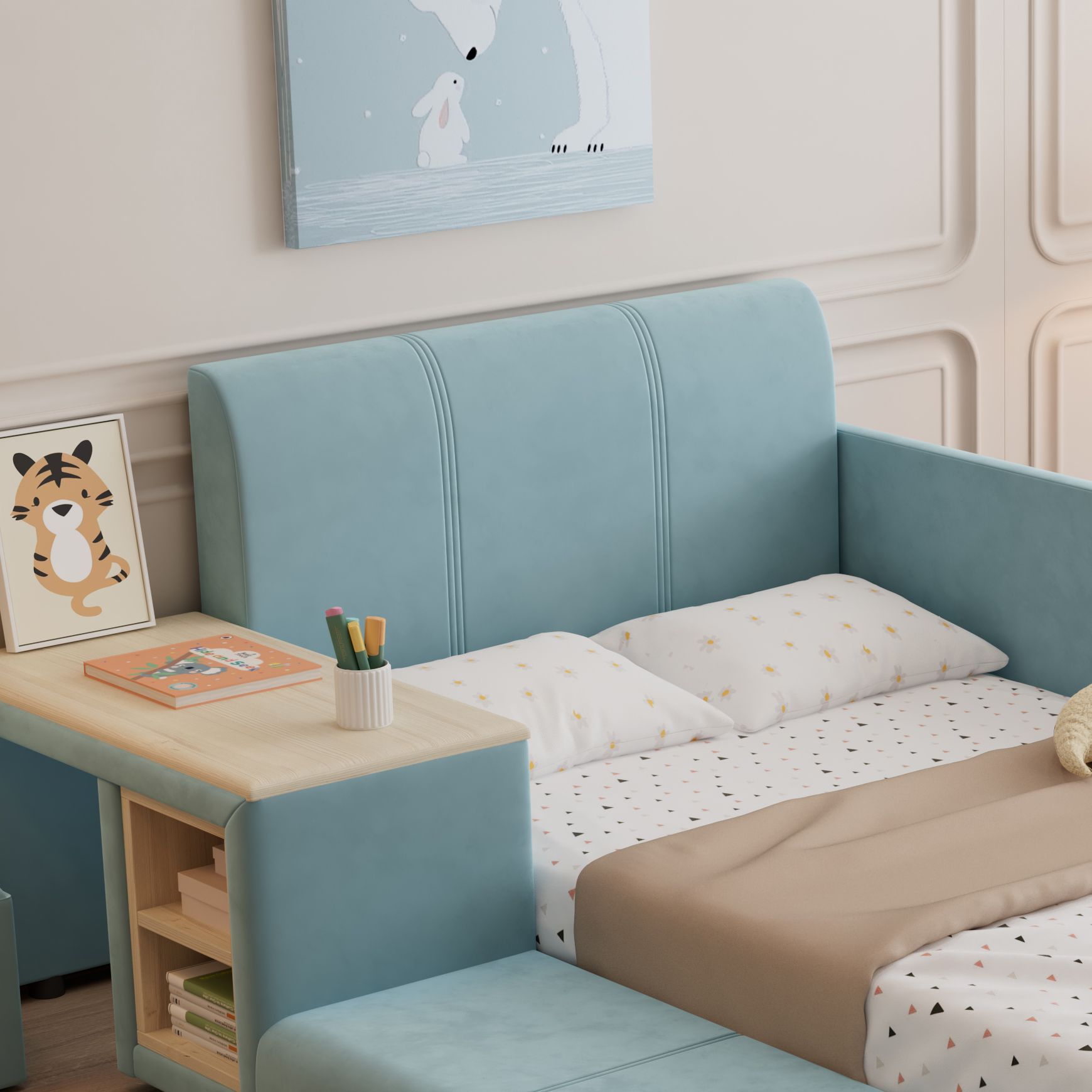 Lit capitonné en velours bleu avec bureau, tabouret et rangement, 90x200 cm 4