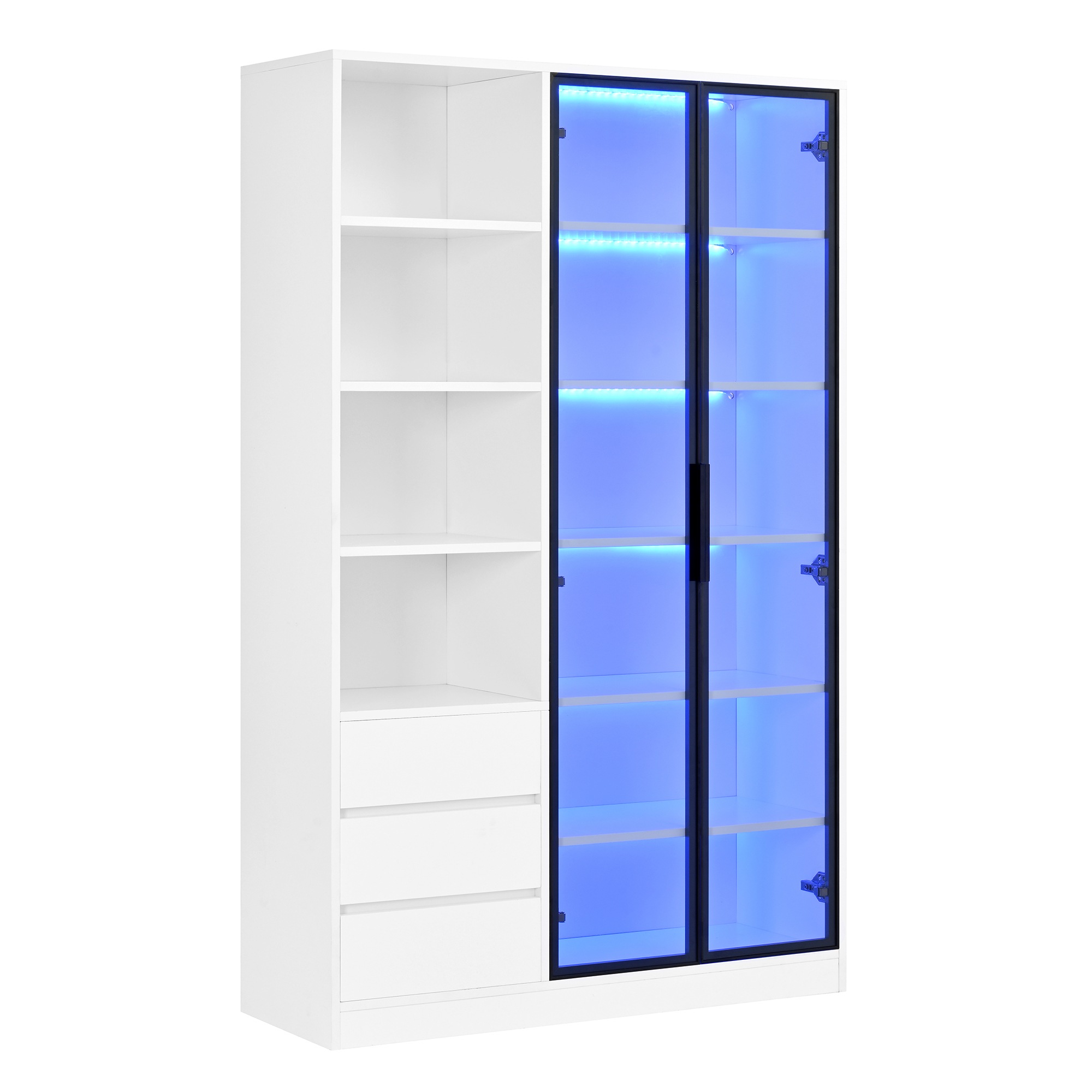 Vitrine Blanc - Éclairage LED, 3 Tiroirs, Portes, Étagères, Portes en Verre - MDF et Panneaux de Particules - 100×35×160cm 4