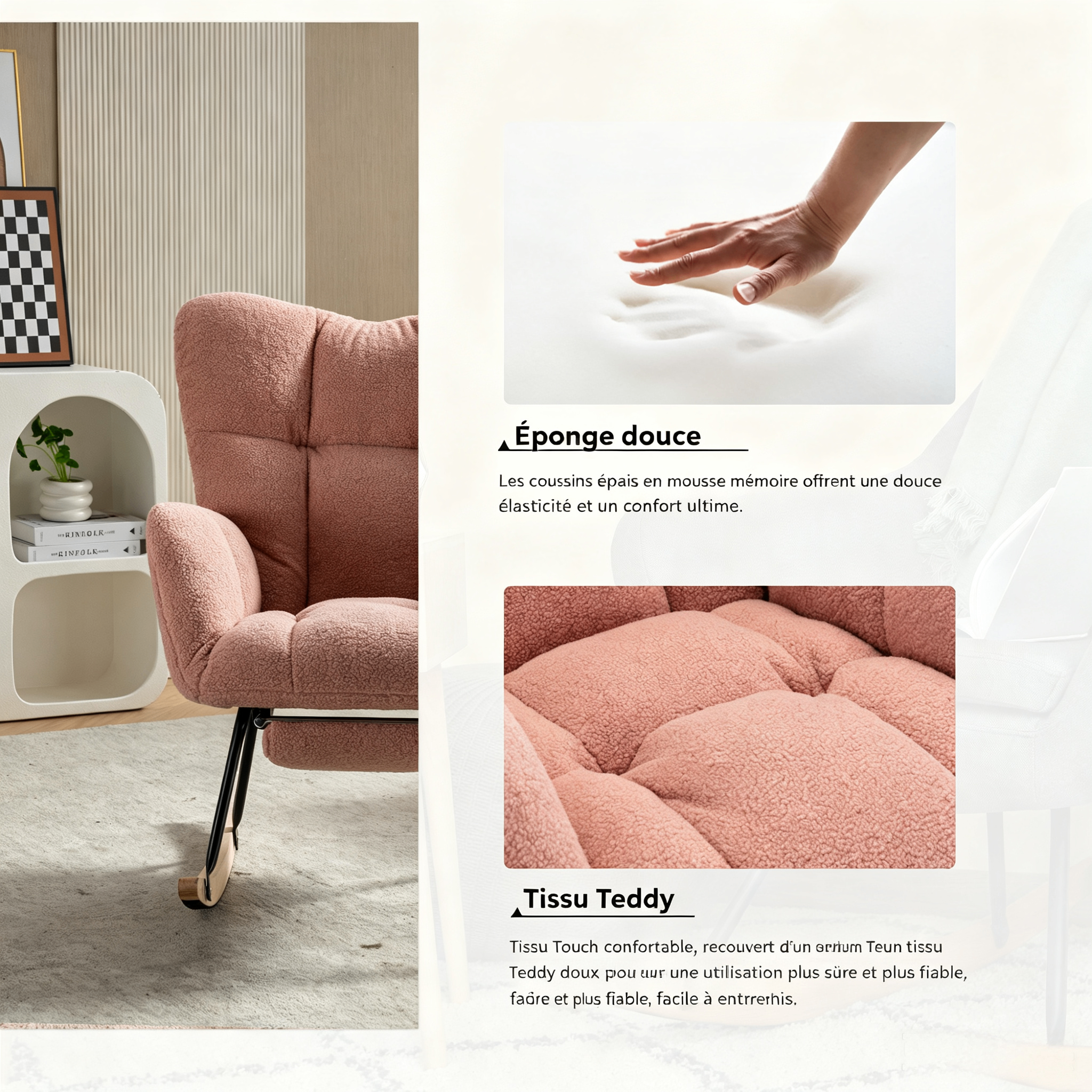 Fauteuil à bascule rose en Teddy - vue 4