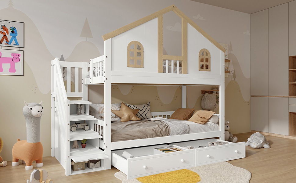 Lit superposé enfant 90×200 cm - Design maison - Escalier de rangement - Tiroirs - Barrière de sécurité - Bois - Blanc et naturel 3