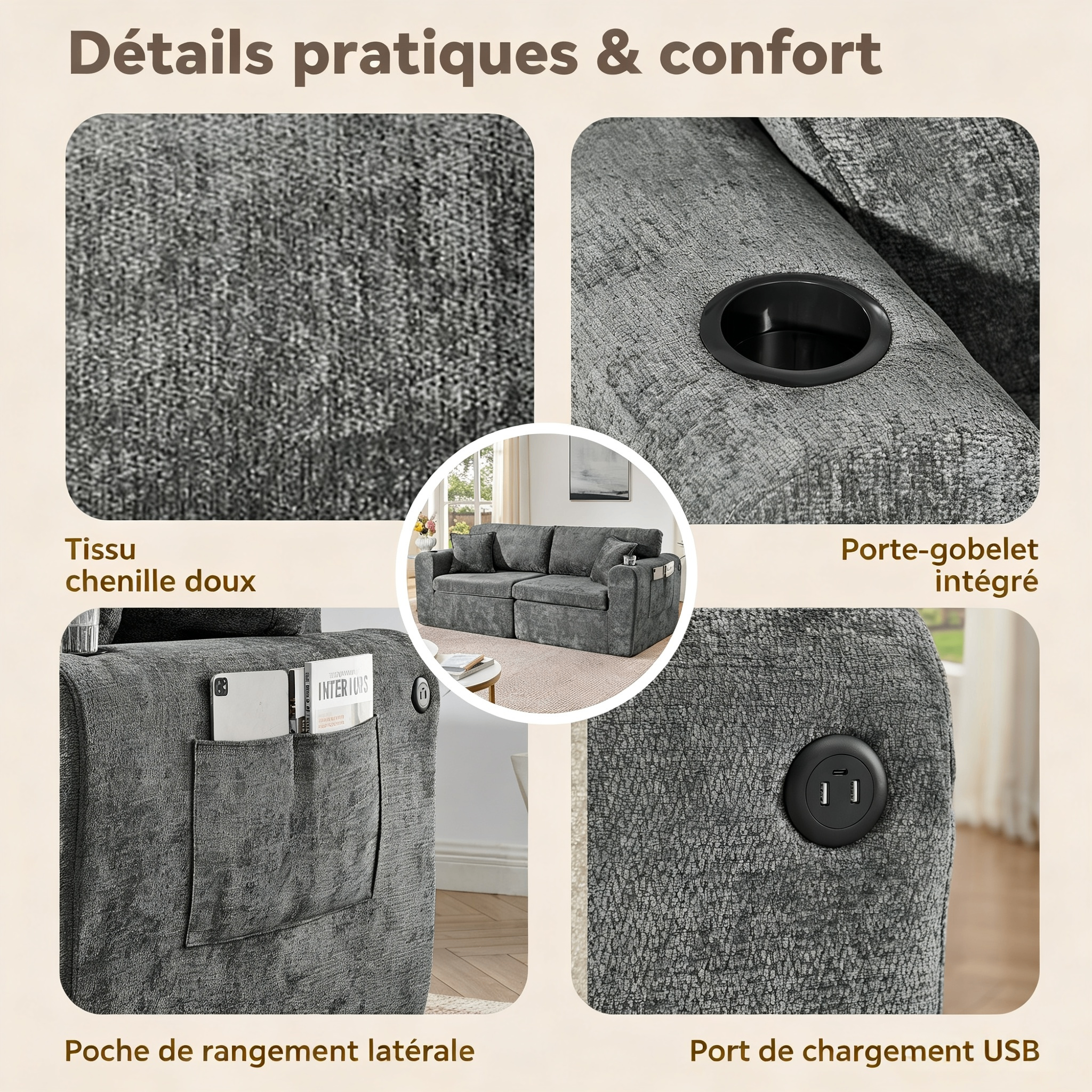 Canapé relax 2 places gris en chenille avec USB et porte-gobelets - vue 4