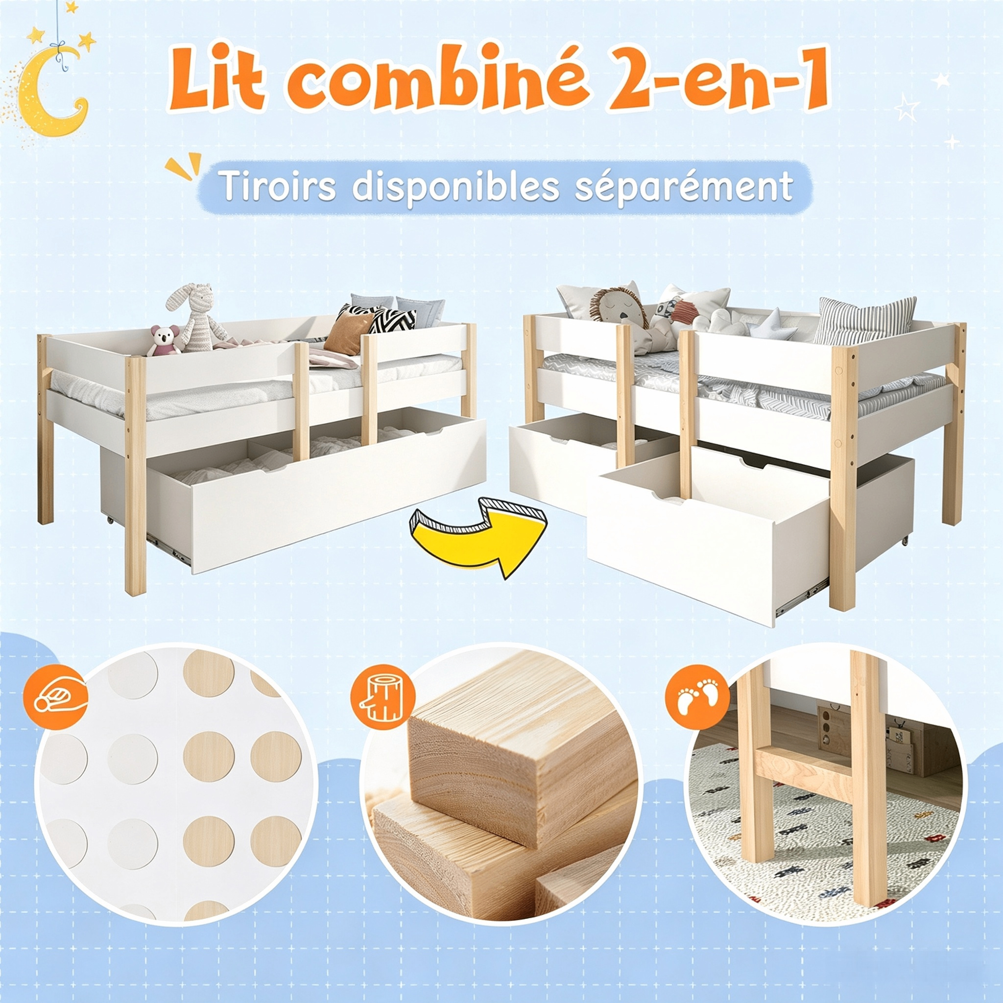 Lit mezzanine enfant blanc 90 x 190 cm, barrière et échelle, tiroir, pin massif, 198 x 97 x 77 cm, blanc chêne