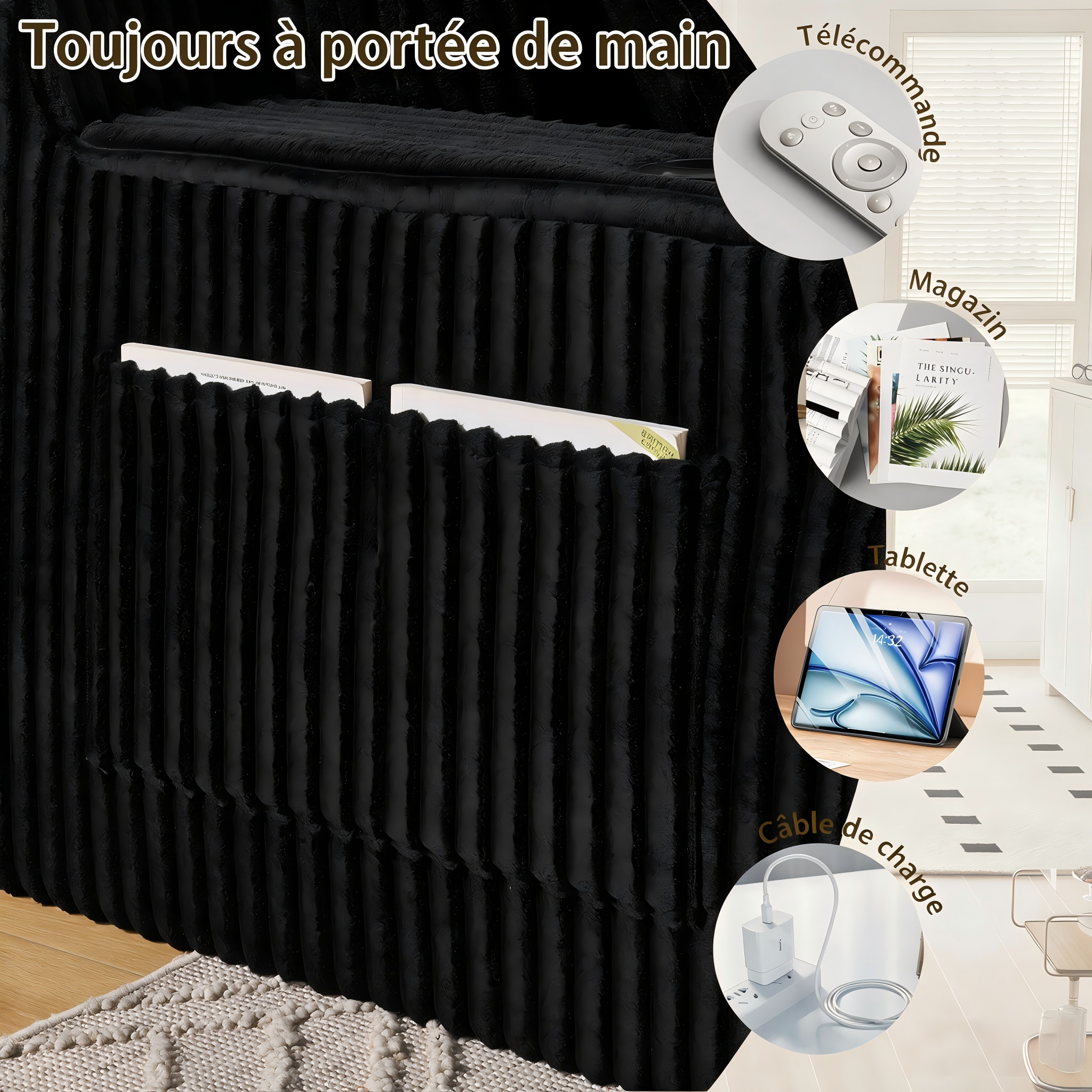 Canapé relax 2 places en cord noir avec porte-gobelets - vue 4