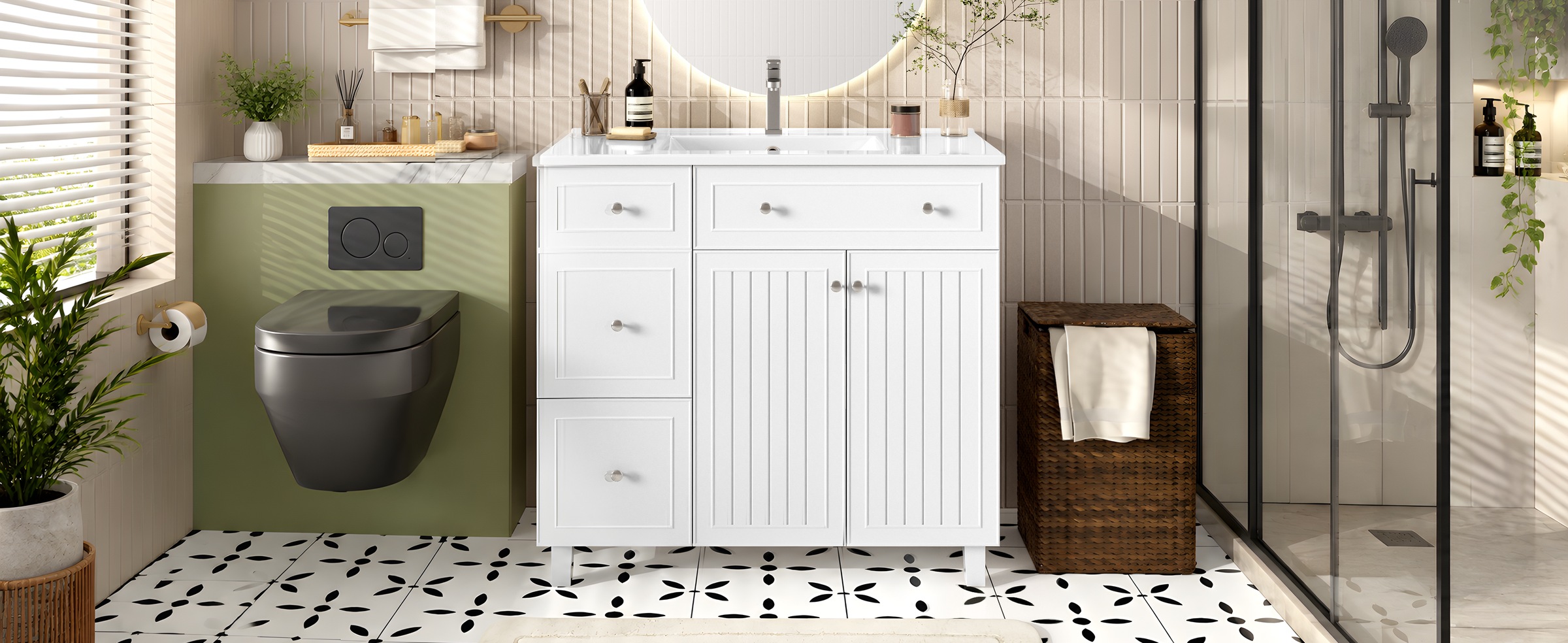 Meuble Vasque Blanc - Lavabo en Céramique Intégré, 4 Tiroirs, 2 Portes, Soft-Close - Céramique et MDF - 91.5×46.5×89cm 5
