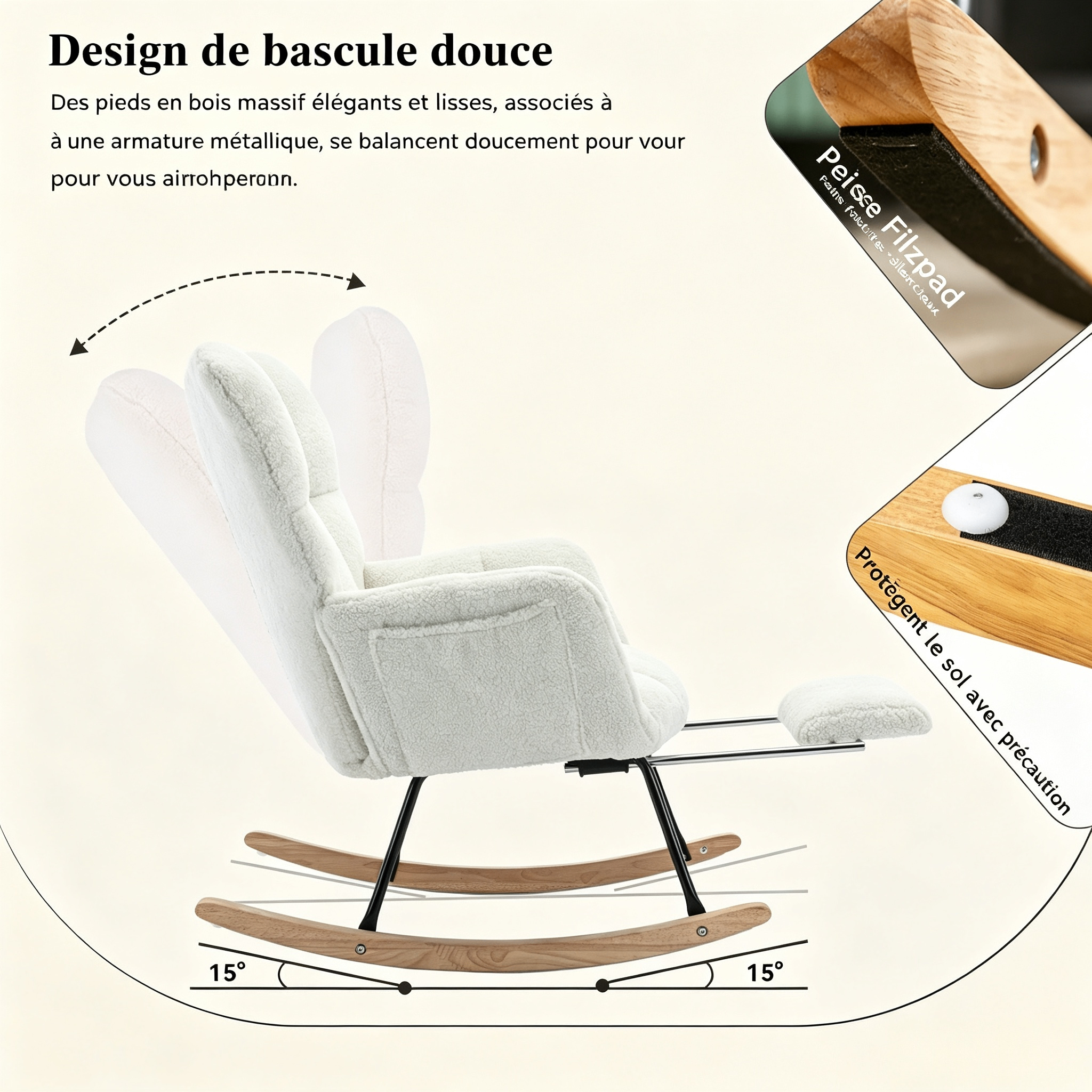 Fauteuil à bascule blanc en Teddy - vue 2