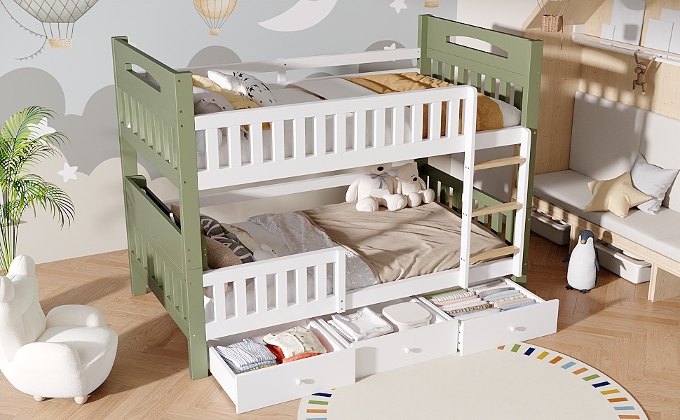 Lit superposé enfant 90×200 cm - Structure bois - Échelle - Barrière sécurité - Étagère latérale - 3 Tiroirs - Blanc et vert 3