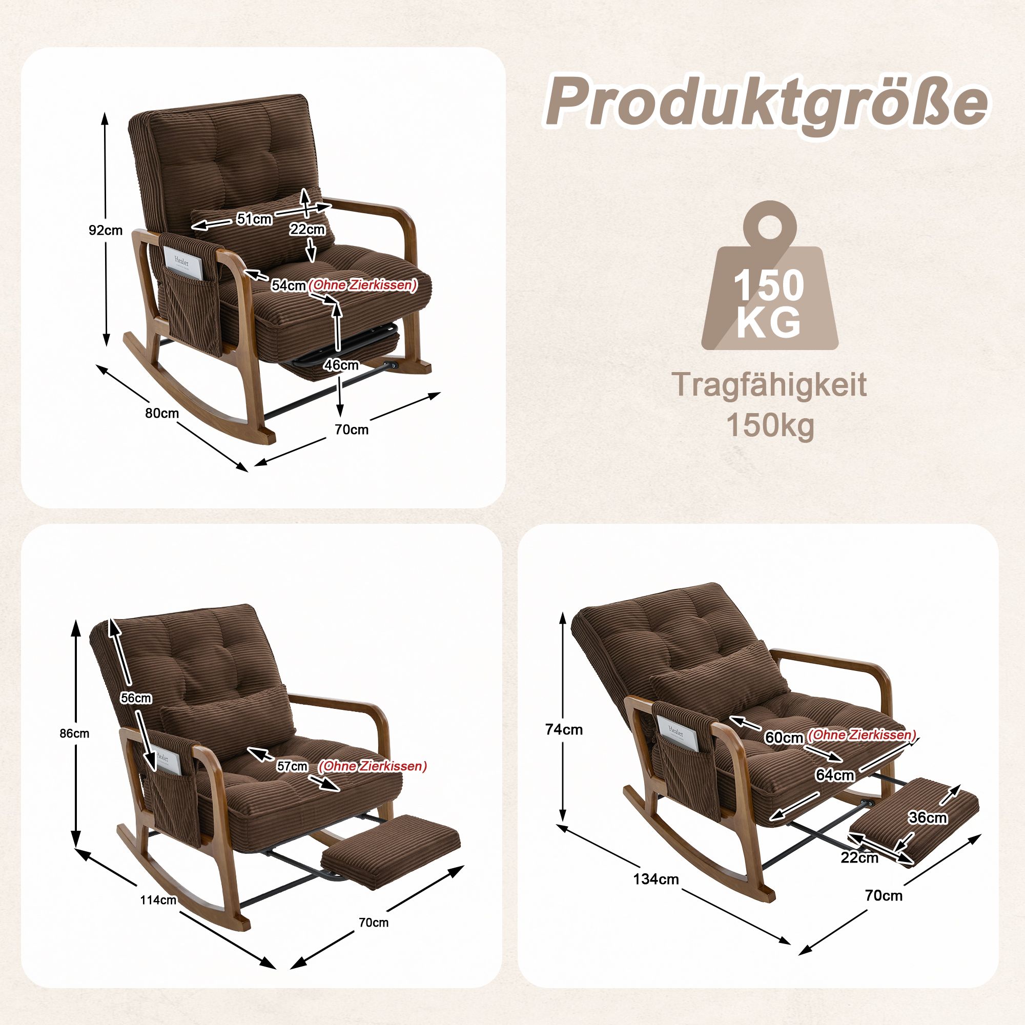 Fauteuil à bascule café en Corduroy - vue 4