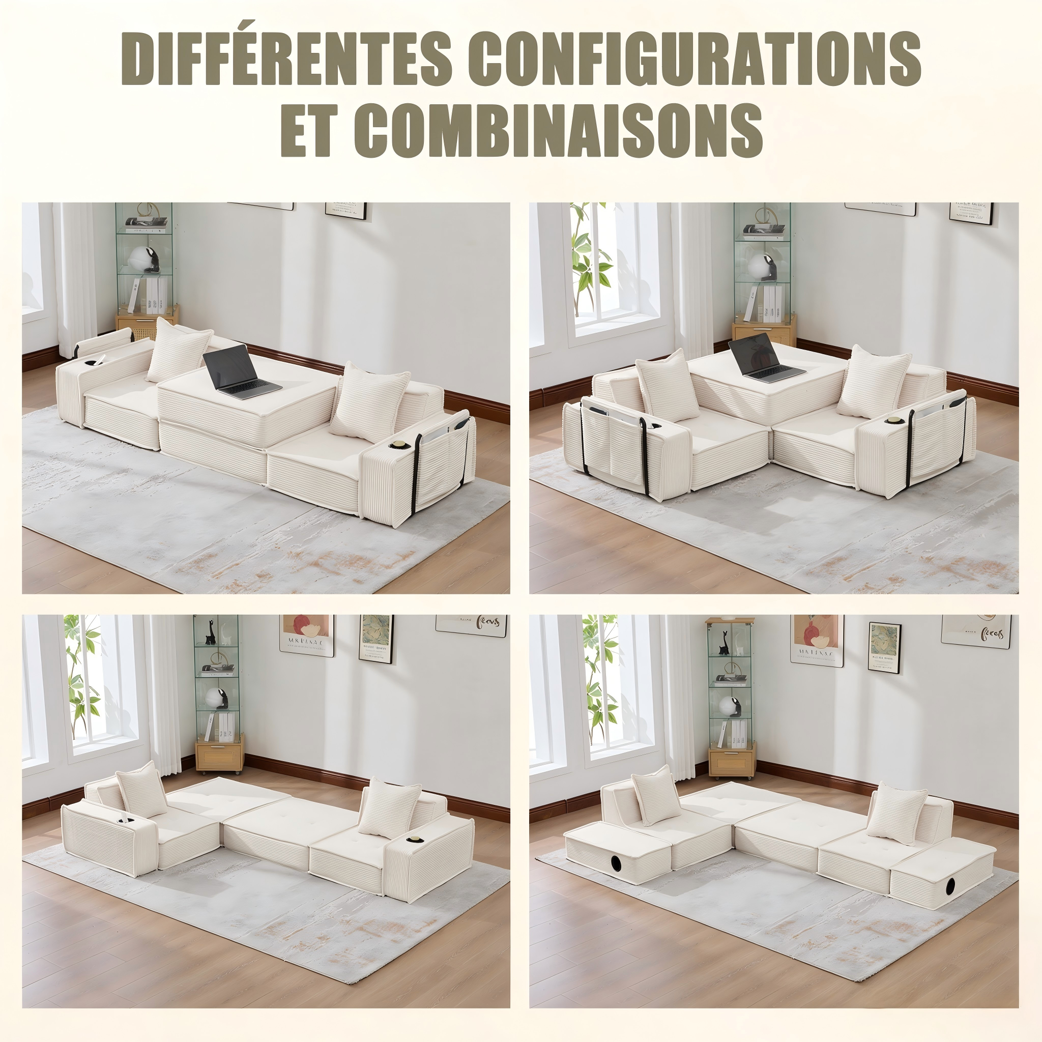 Canapé 2 places beige en corduroy moderne avec pouf - vue 2