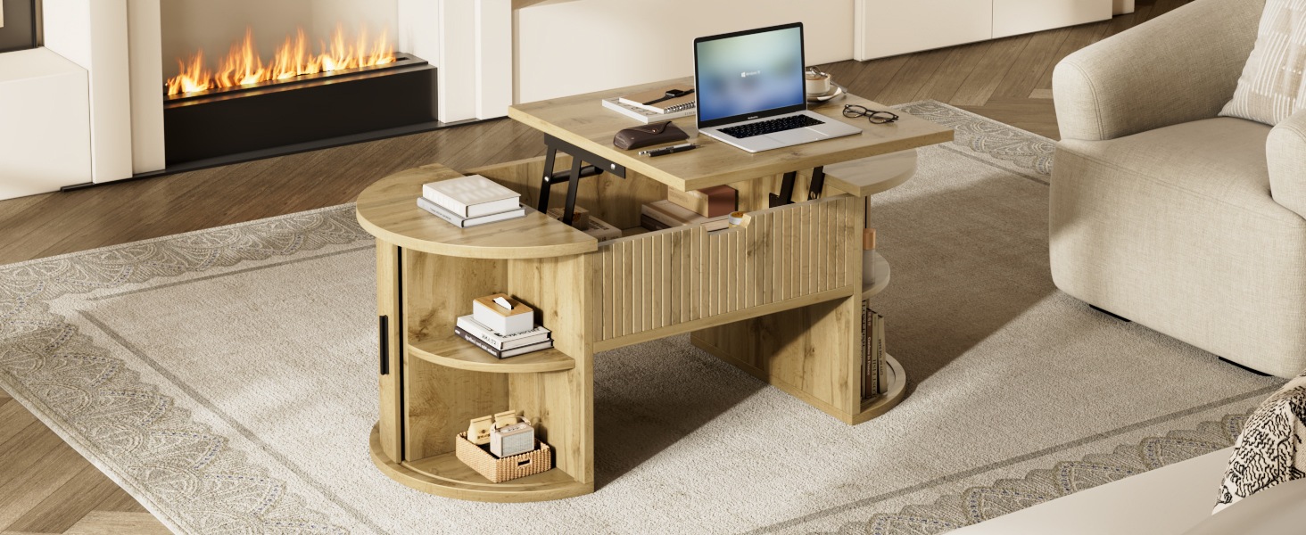 Table Basse Chêne, Rangement, Étagères Réglables, Plan Relevable, Portes Coulissantes, Design Moderne - MDF - 100x50x40.5cm - Salon 3