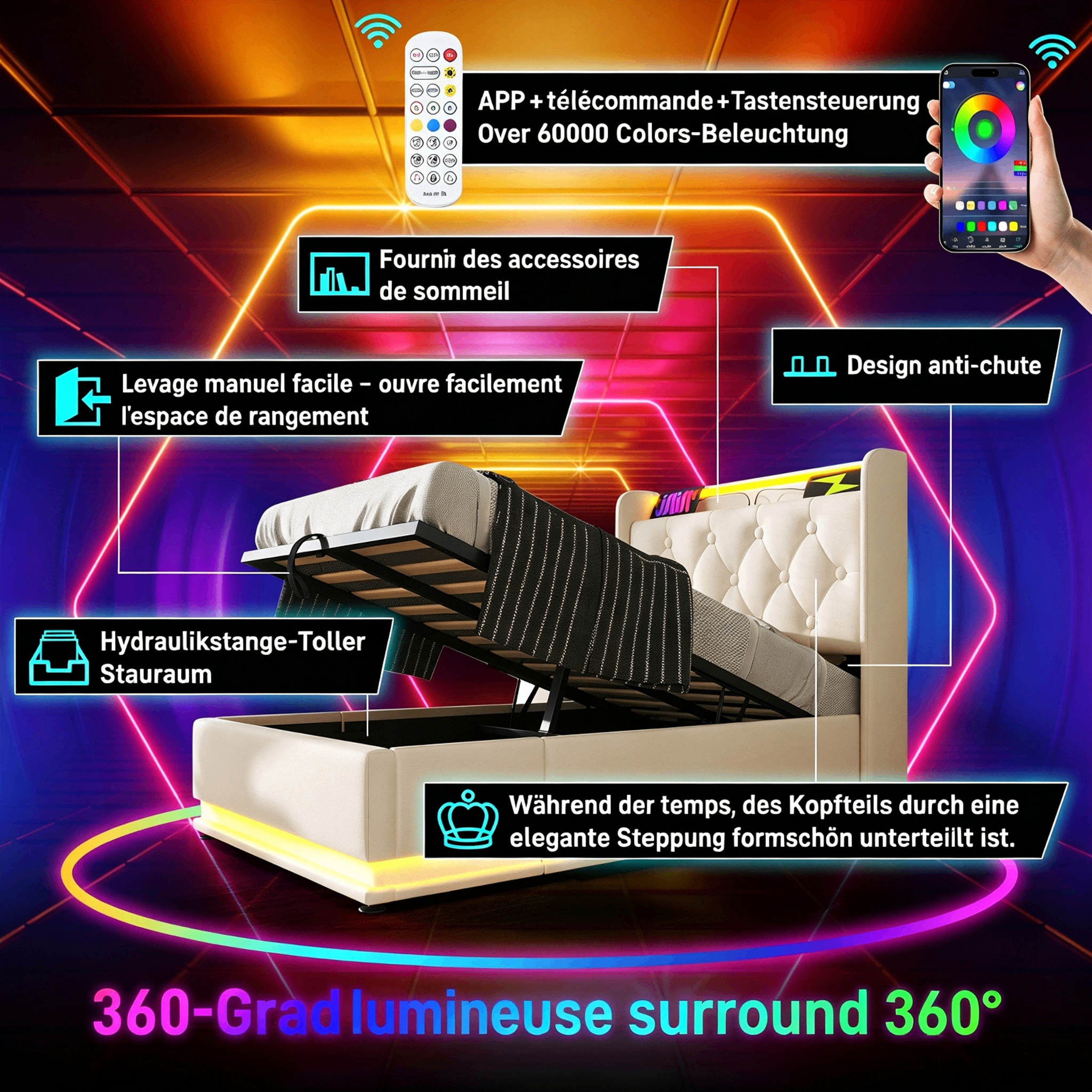 Lit rembourré simple 90 x 200 cm, LED 360°, USB Type-C, coffre hydraulique, PU blanc, 220 x 104 x 104 cm