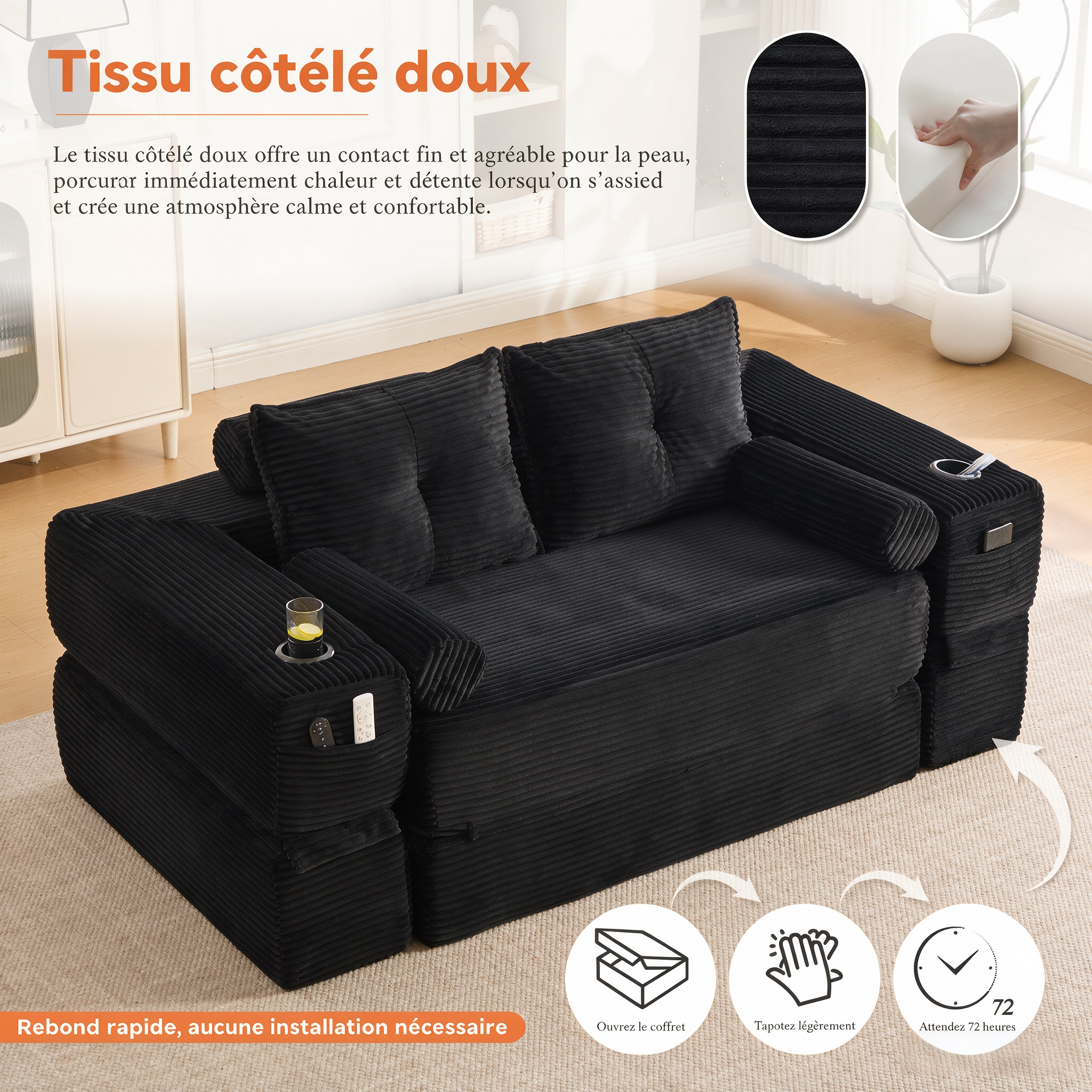 Canapé-lit pliable 2 places en corduroy noir avec porte-gobelets - vue 4