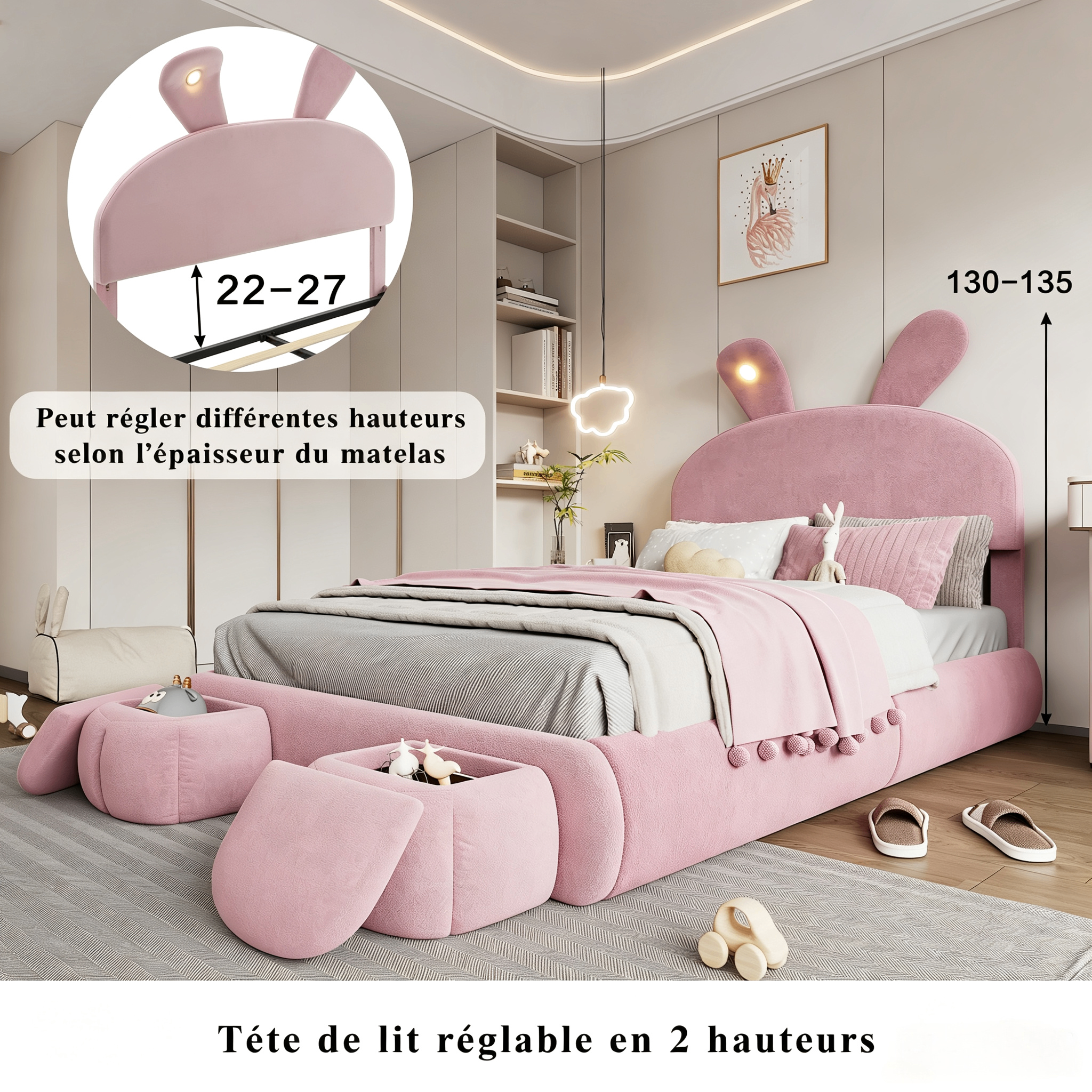 Lit double capitonné rose avec levage hydraulique et tête de lit lapin LED, 140x200 cm 4