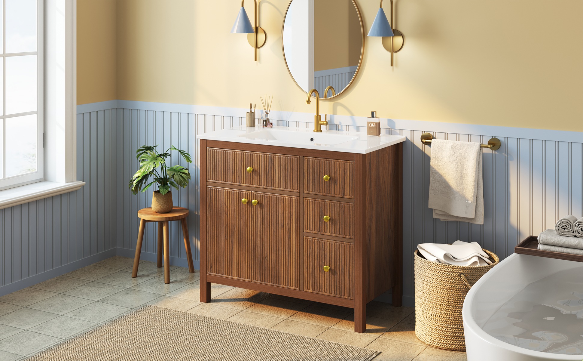 Meuble de Salle de Bain Noyer, Rangement, Fermeture Douce, Plan Relevable - MDF et Bois - 91x48x88cm - Salle de Bain 3