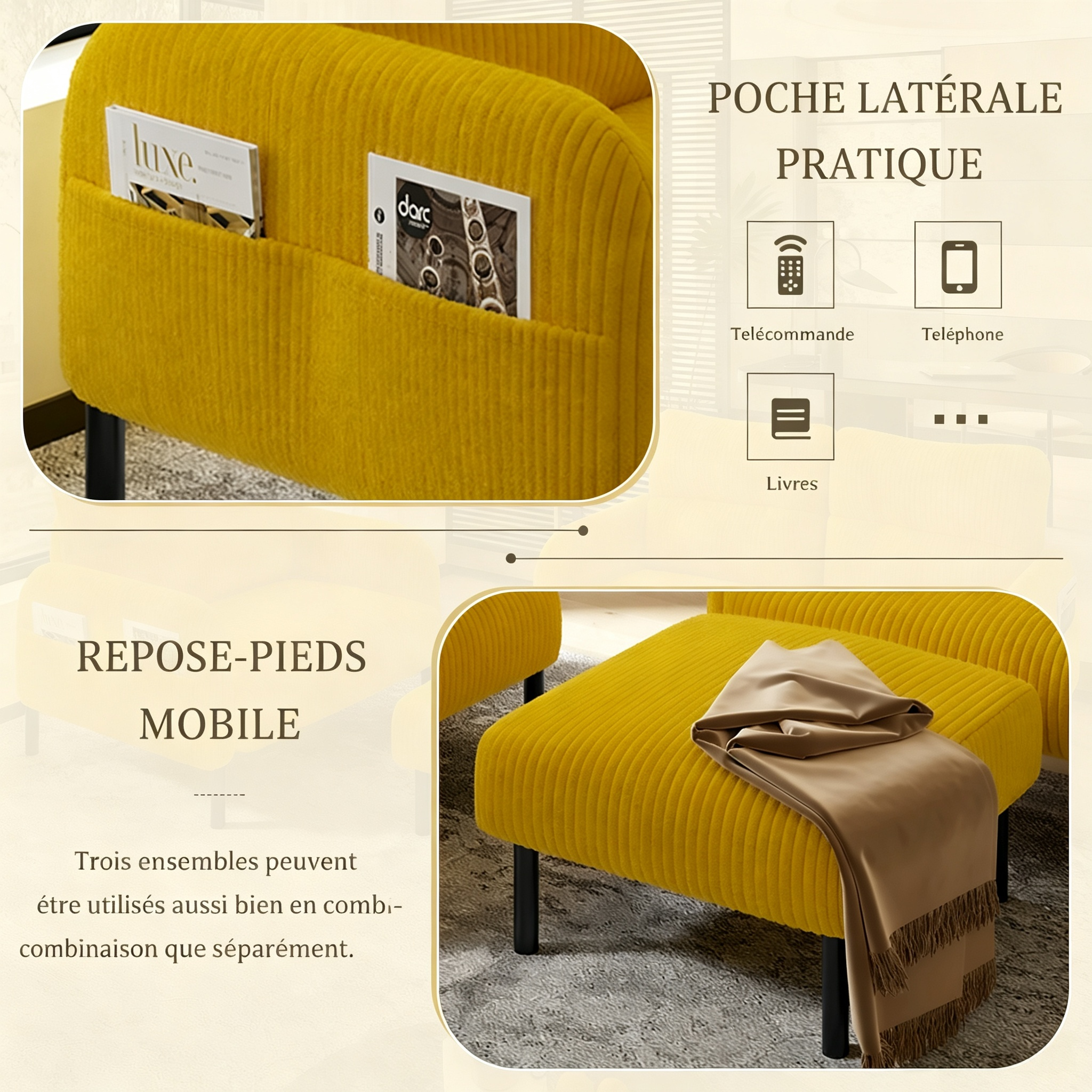 Canapé corduroy jaune 3 pièces avec fauteuil et pouf - vue 4