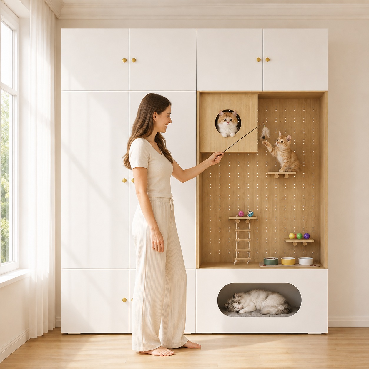 Armoire pour Chat Blanc et Bois, Mur d Escalade, Cachette Chat, Coussin Doux, Rangement - Particules et Bois - 180x50x200cm - Maison 3