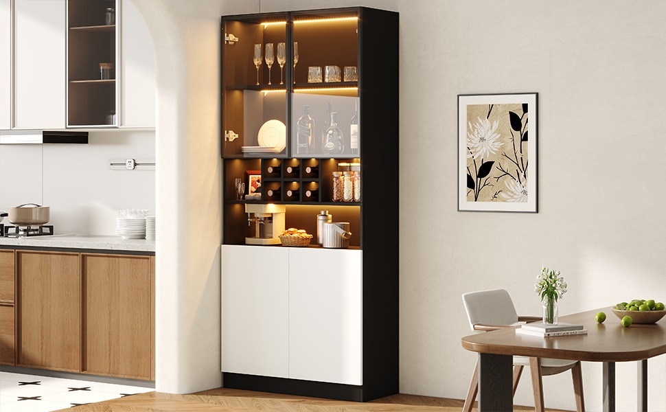 Vitrine Haute Noir - Éclairage LED, 2 Portes, Étagères, Portes en Verre, Rangement à Vin - Panneaux de Particules - 80×30×180cm 1