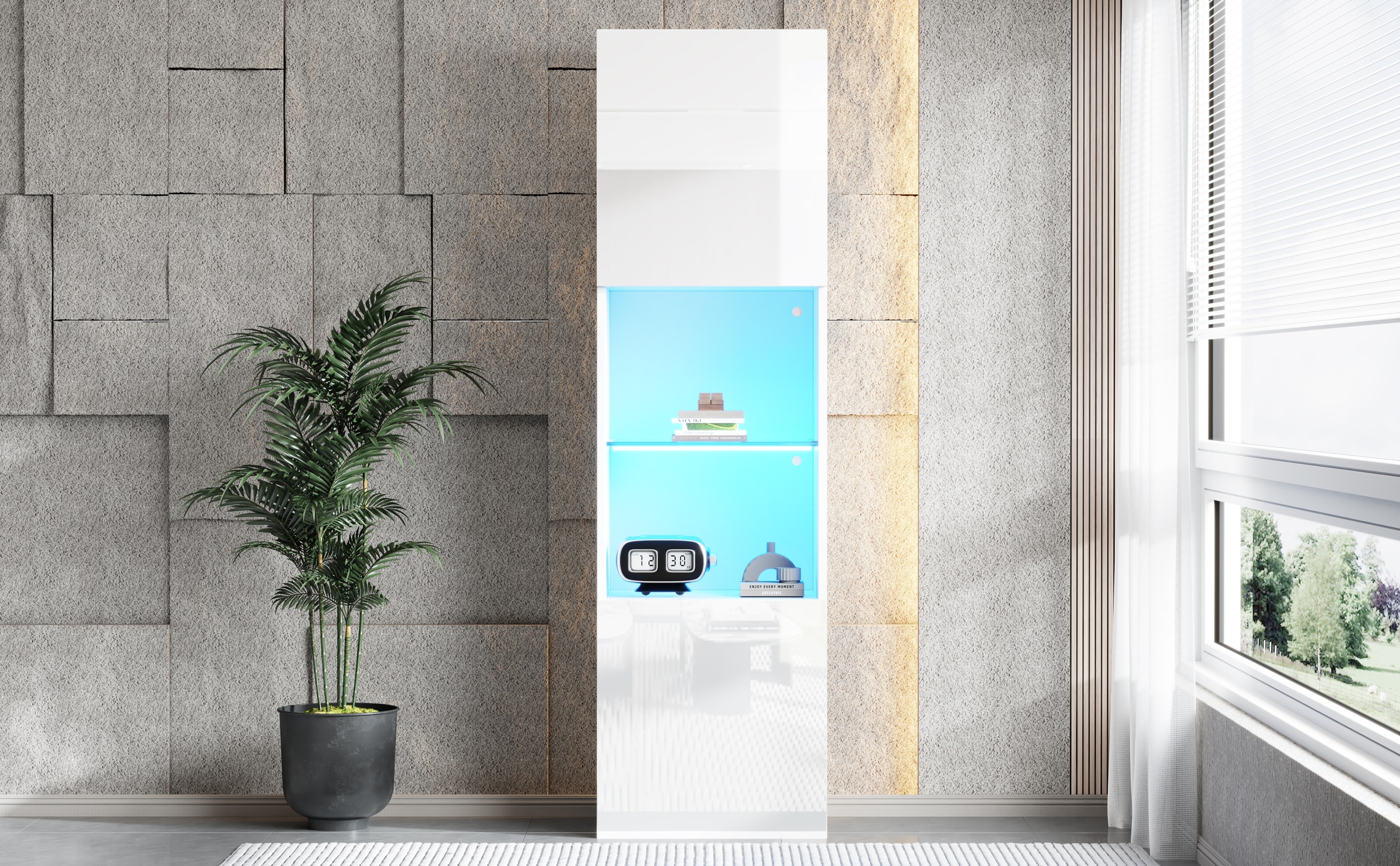 Vitrine Haute Blanc - Éclairage LED, Portes, Étagères, Portes en Verre, Éclairage Connecté - Panneaux de Particules - 45×35×160cm 3