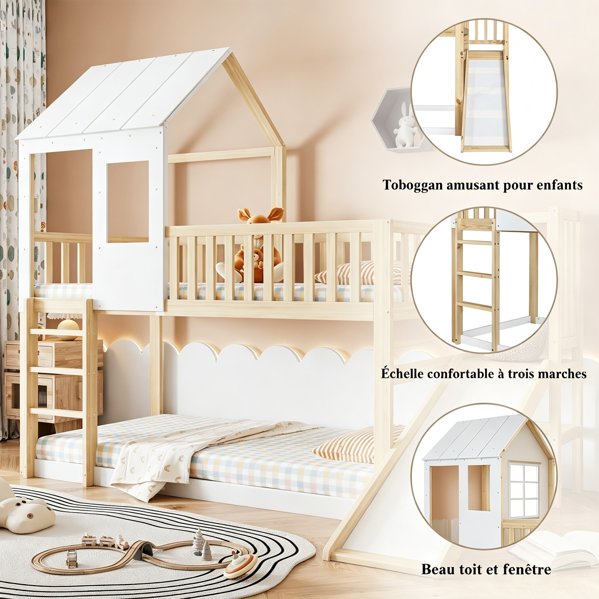 Lit mezzanine enfant avec toboggan, toit et fenêtre, pin et MDF, naturel et blanc, 90x200 cm 4
