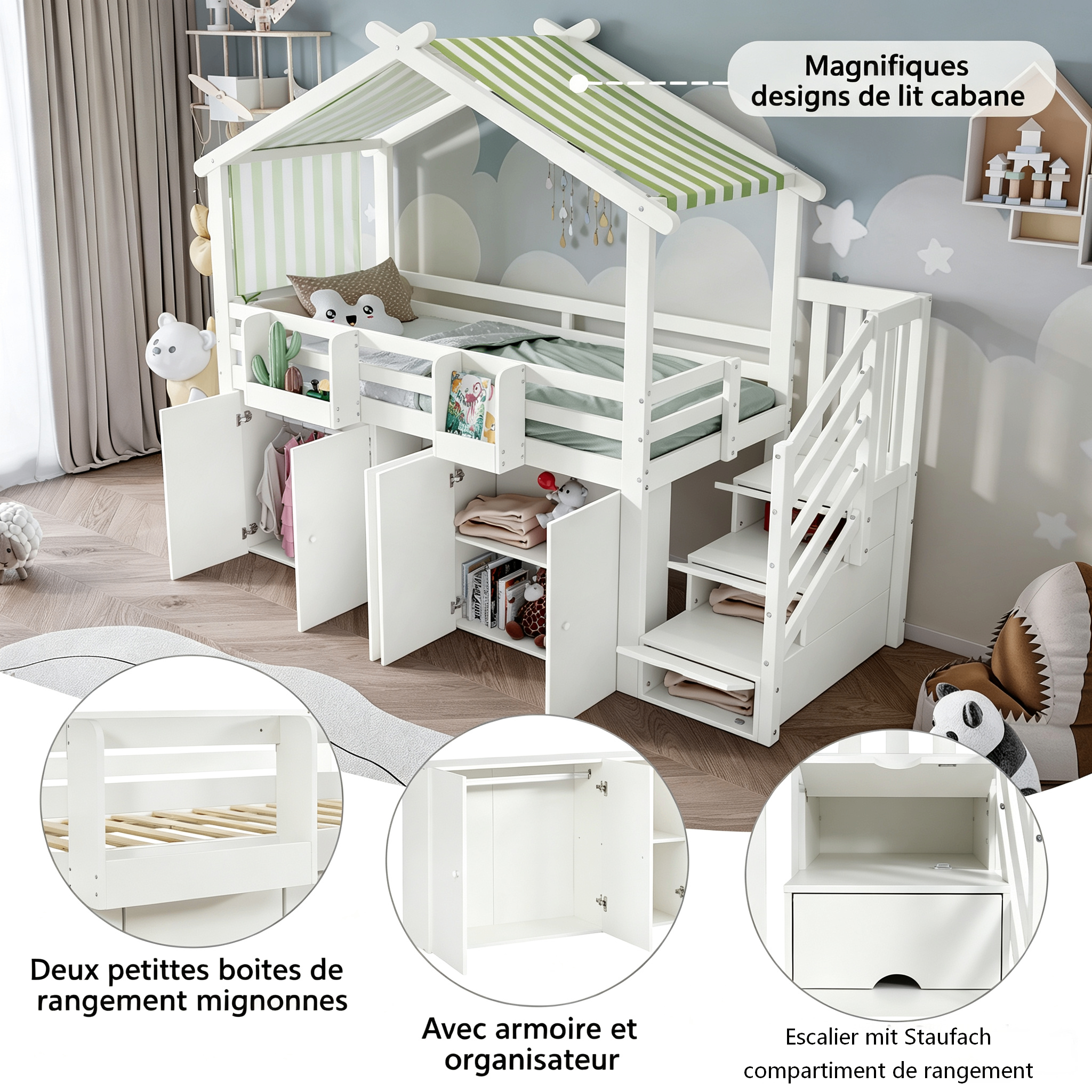 Lit mezzanine enfant avec placard, casiers et escalier de rangement, pin et MDF, blanc et vert, 90x200 cm 4
