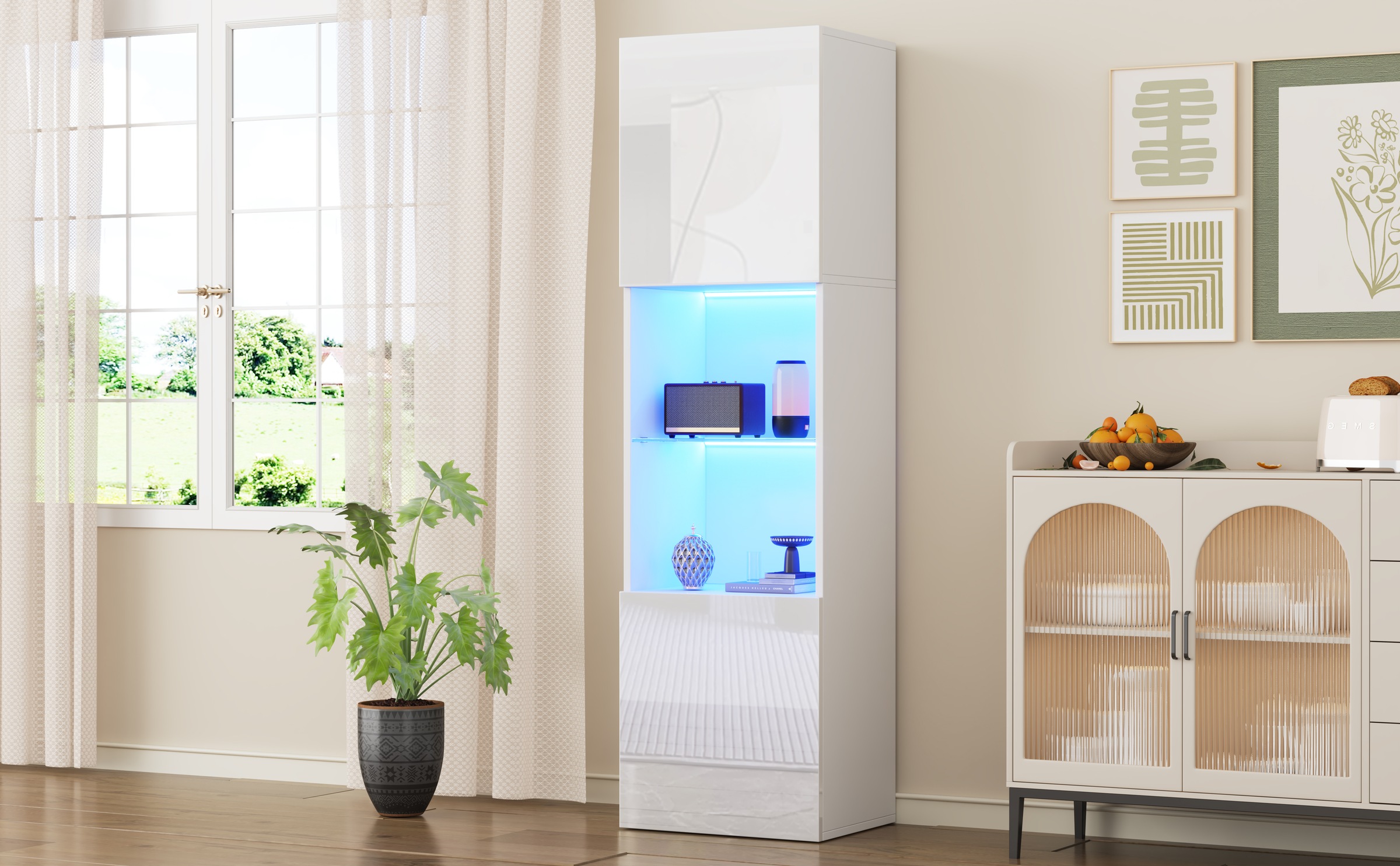 Vitrine Haute Blanc - Éclairage LED, Portes, Étagères, Portes en Verre, Éclairage Connecté - Panneaux de Particules - 45×35×160cm 5