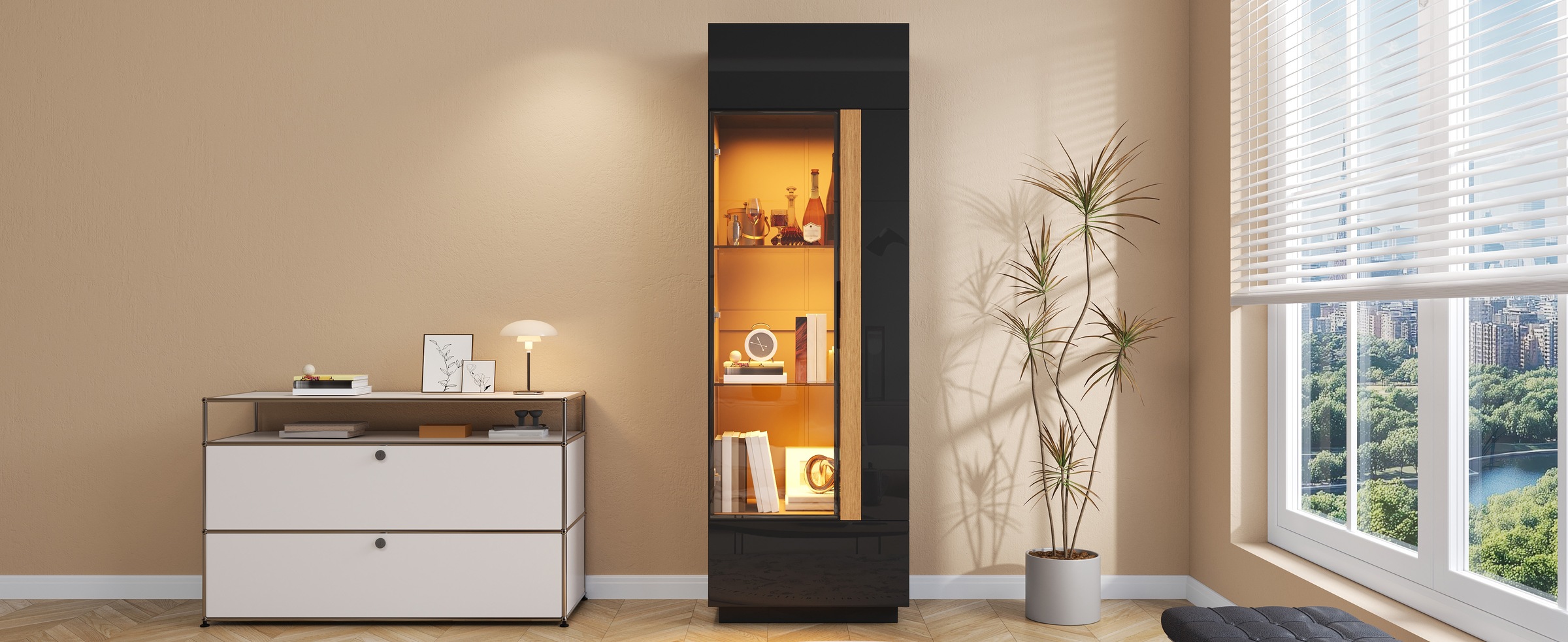 Vitrine Haute Noir - Éclairage LED, Portes, Portes en Verre, Éclairage Connecté - Panneaux de Particules - 60×40×180cm 2
