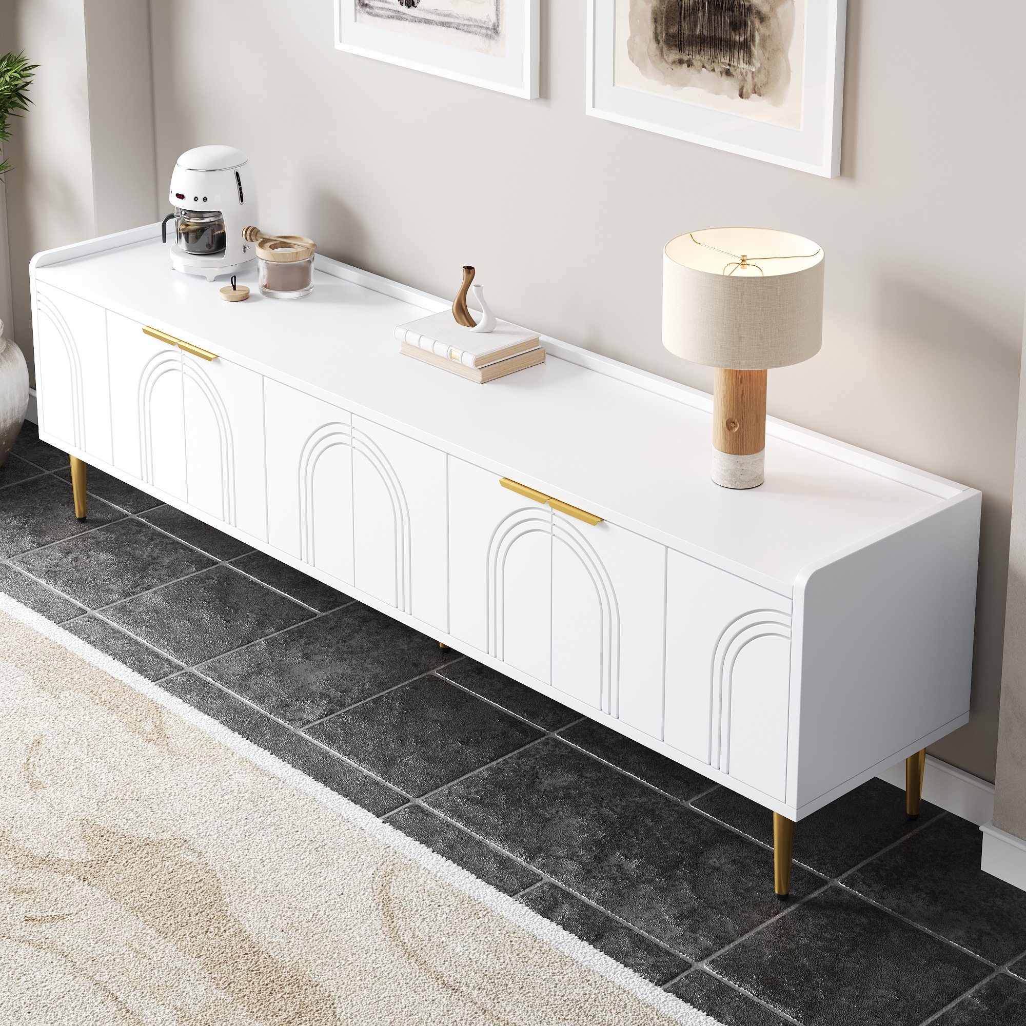 Meuble TV Blanc, Rangement, Gestion des Câbles, Design Moderne, Structure Robuste, Finition Haut de Gamme - MDF - 170x35x47.5cm 6