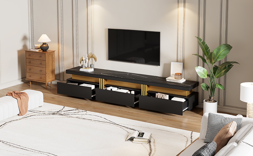 Meuble TV Noir - Pour TV jusqu'à 90 Pouces, 3 Tiroirs, Rangement Ouvert et Fermé - Panneaux de Particules - 200×40×42cm - Salon 4
