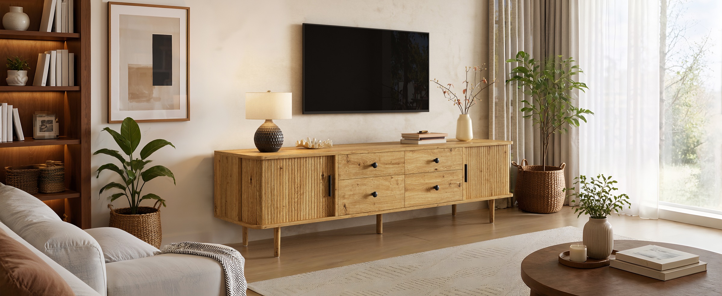 Meuble TV Bois, 4 Tiroirs, Rangement, Gestion des Câbles, Portes Coulissantes, Angles Arrondis - MDF - 165x40x46cm - Salon 2