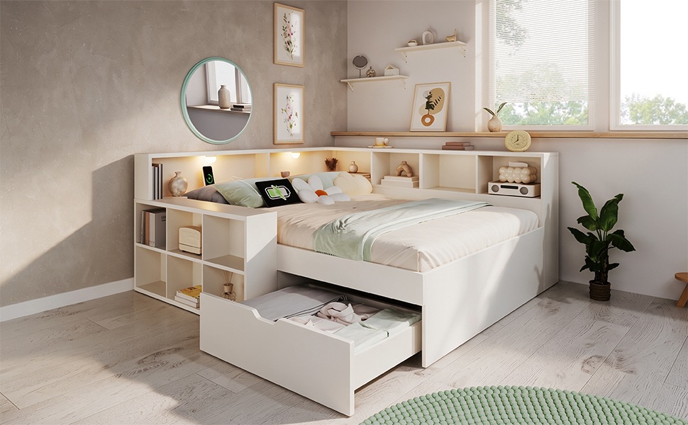 Lit coffre 140×190 cm - Rangement sous lit - Lampe de lecture - USB Type-C - Tiroirs - Étagère ouverte - Bois - Blanc 5