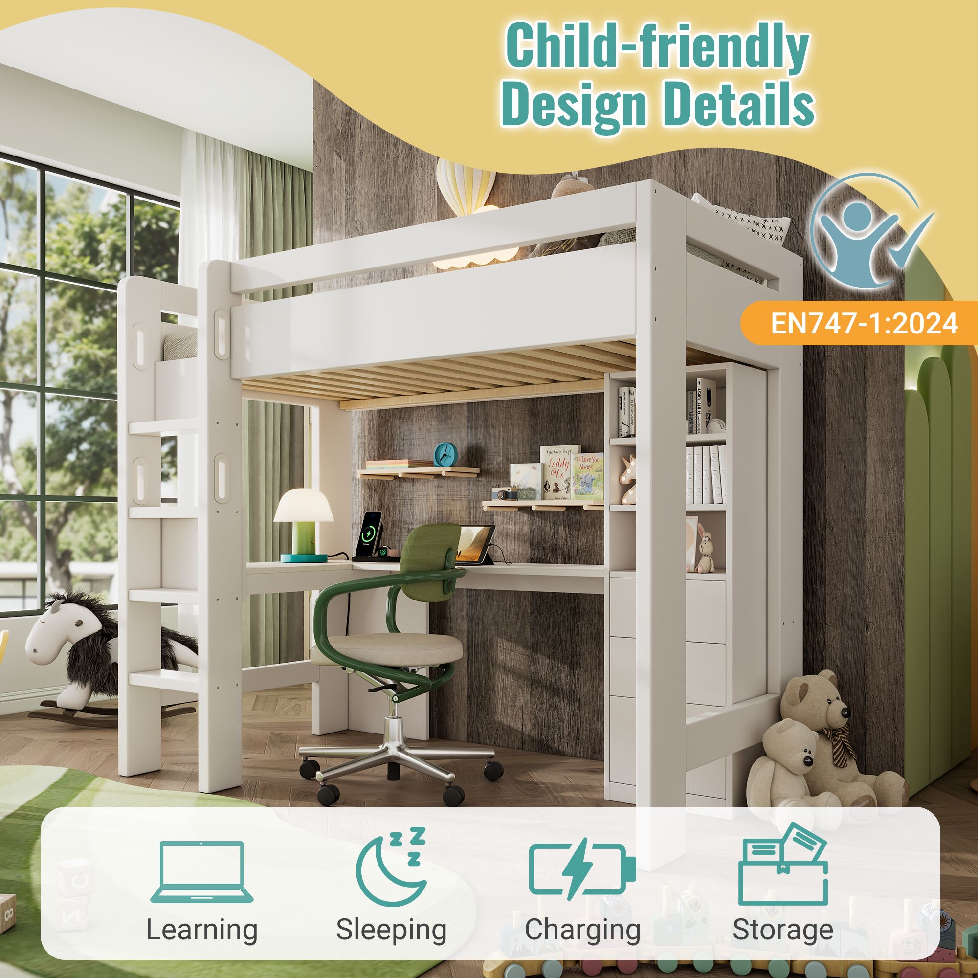 Lit mezzanine enfant avec bureau en L et rangements vue 4