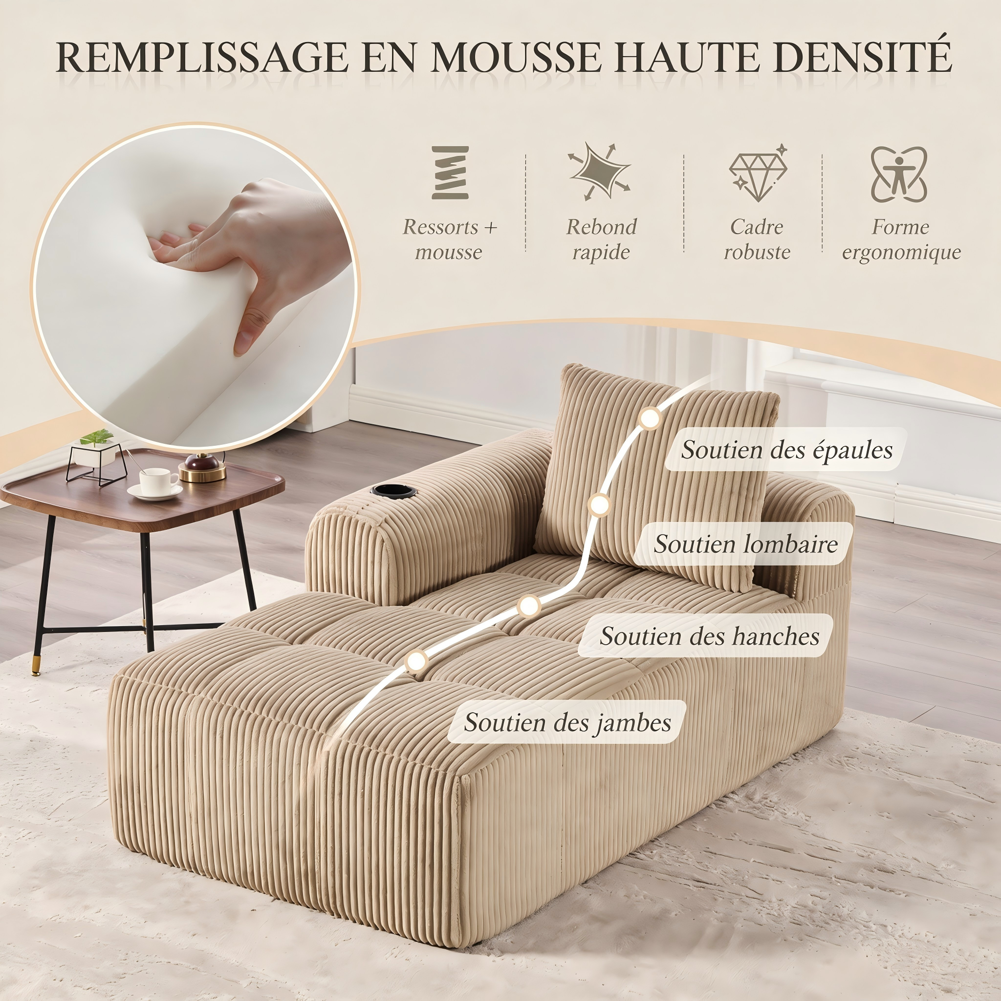 Fauteuil relax en corduroy kaki avec rangement - vue 4