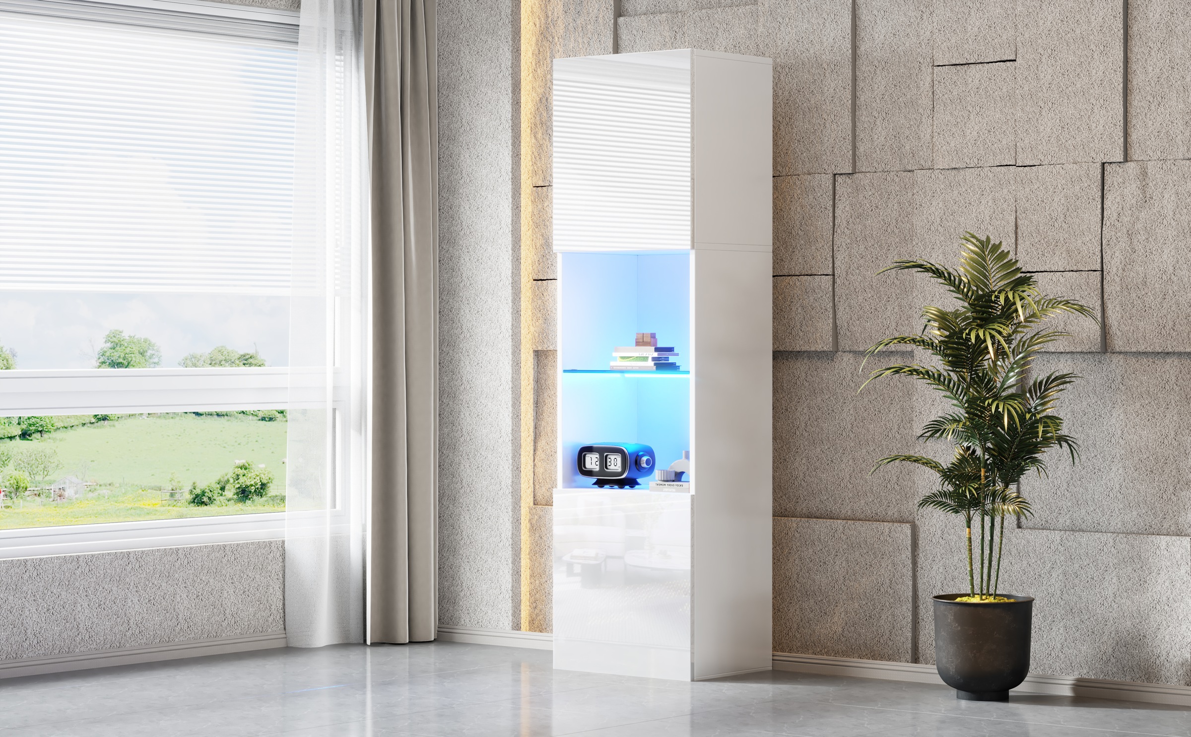 Vitrine Haute Blanc - Éclairage LED, Portes, Étagères, Portes en Verre, Éclairage Connecté - Panneaux de Particules - 45×35×160cm 4