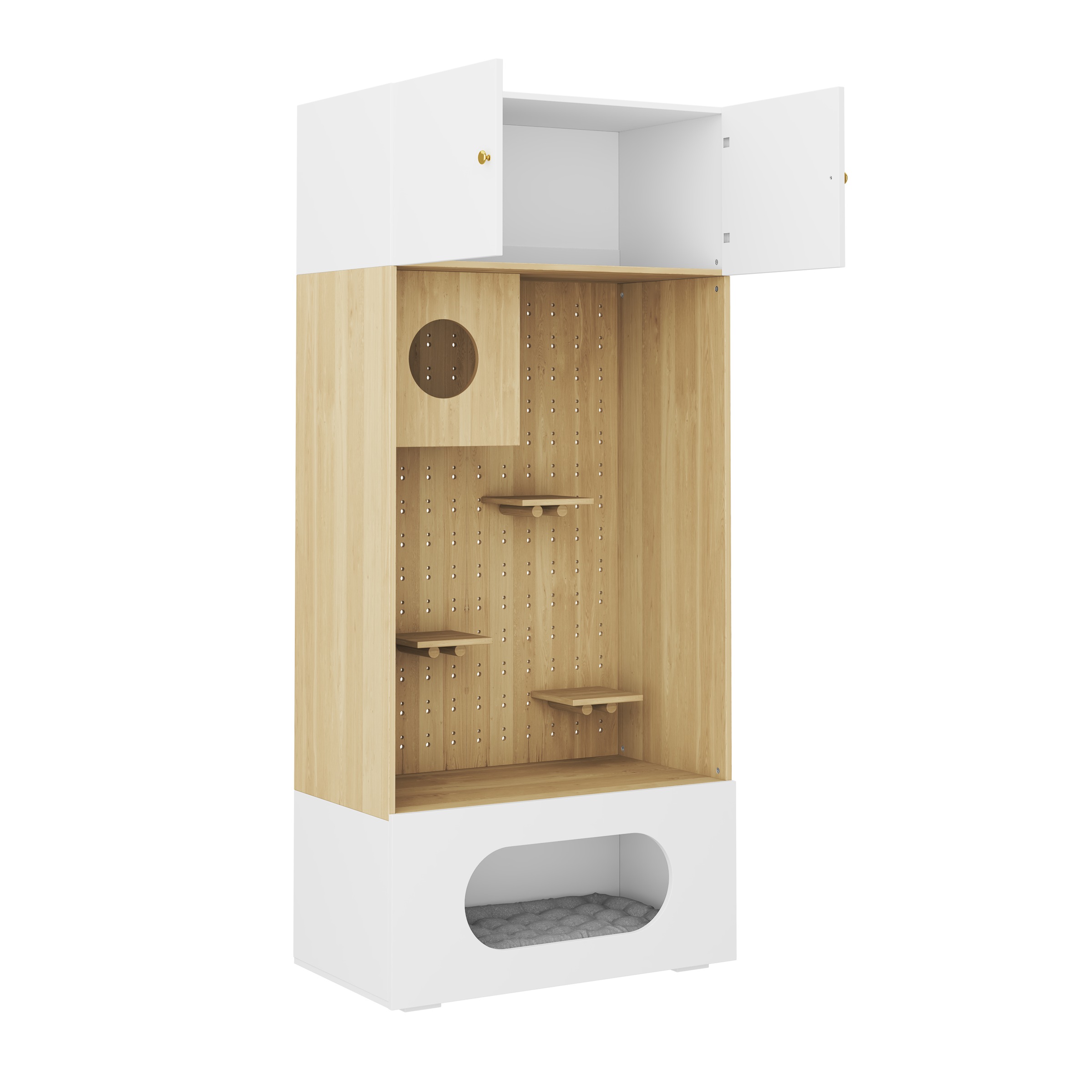 Armoire pour Chat Blanc et Bois, Mur d Escalade, Cachette Chat, Coussin Doux, Rangement - Particules et Bois - 90x50x200cm - Maison 1