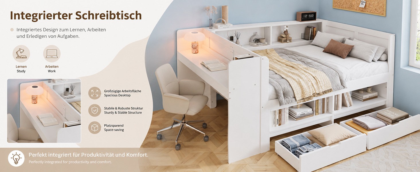 Lit Enfant Combiné Blanc - 2 Tiroirs, Bureau Intégré, Rangement Intégré, Sommier à Lattes - Bois - 240×140×100cm - Chambre Enfant 5