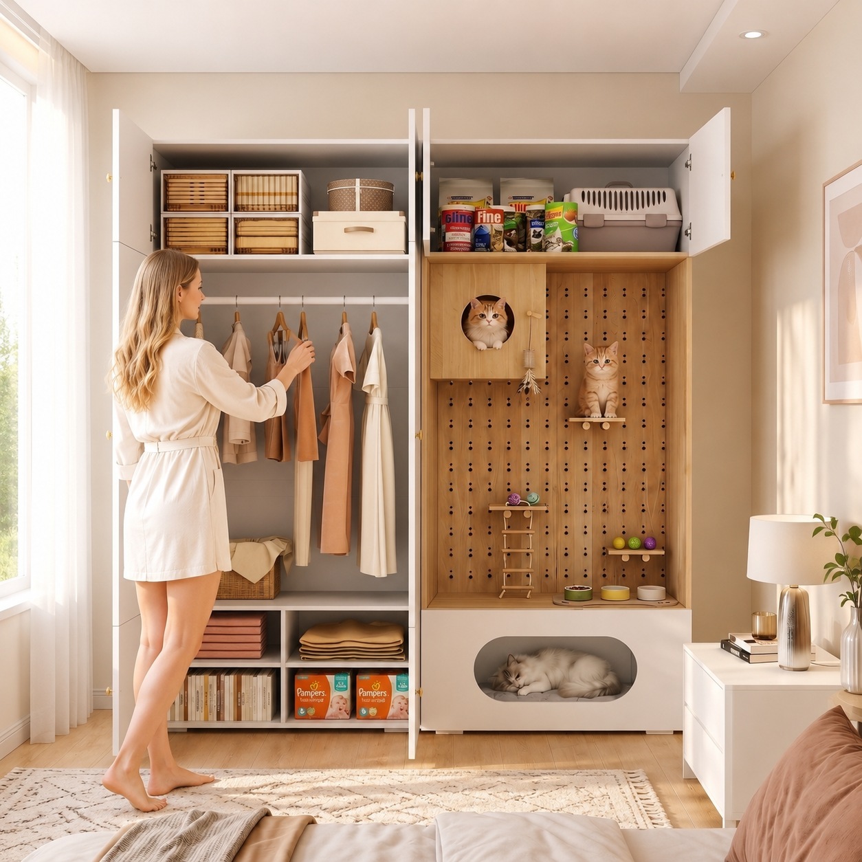 Armoire pour Chat Blanc et Bois, Mur d Escalade, Cachette Chat, Coussin Doux, Rangement - Particules et Bois - 180x50x200cm - Maison 5