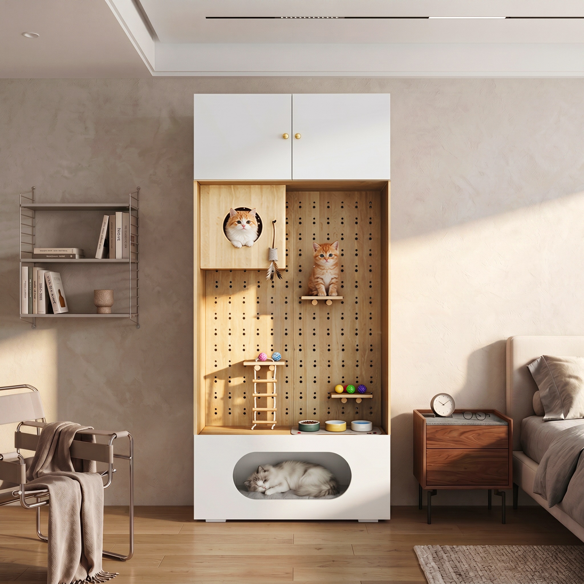 Armoire pour Chat Blanc et Bois, Mur d Escalade, Cachette Chat, Coussin Doux, Rangement - Particules et Bois - 90x50x200cm - Maison 4