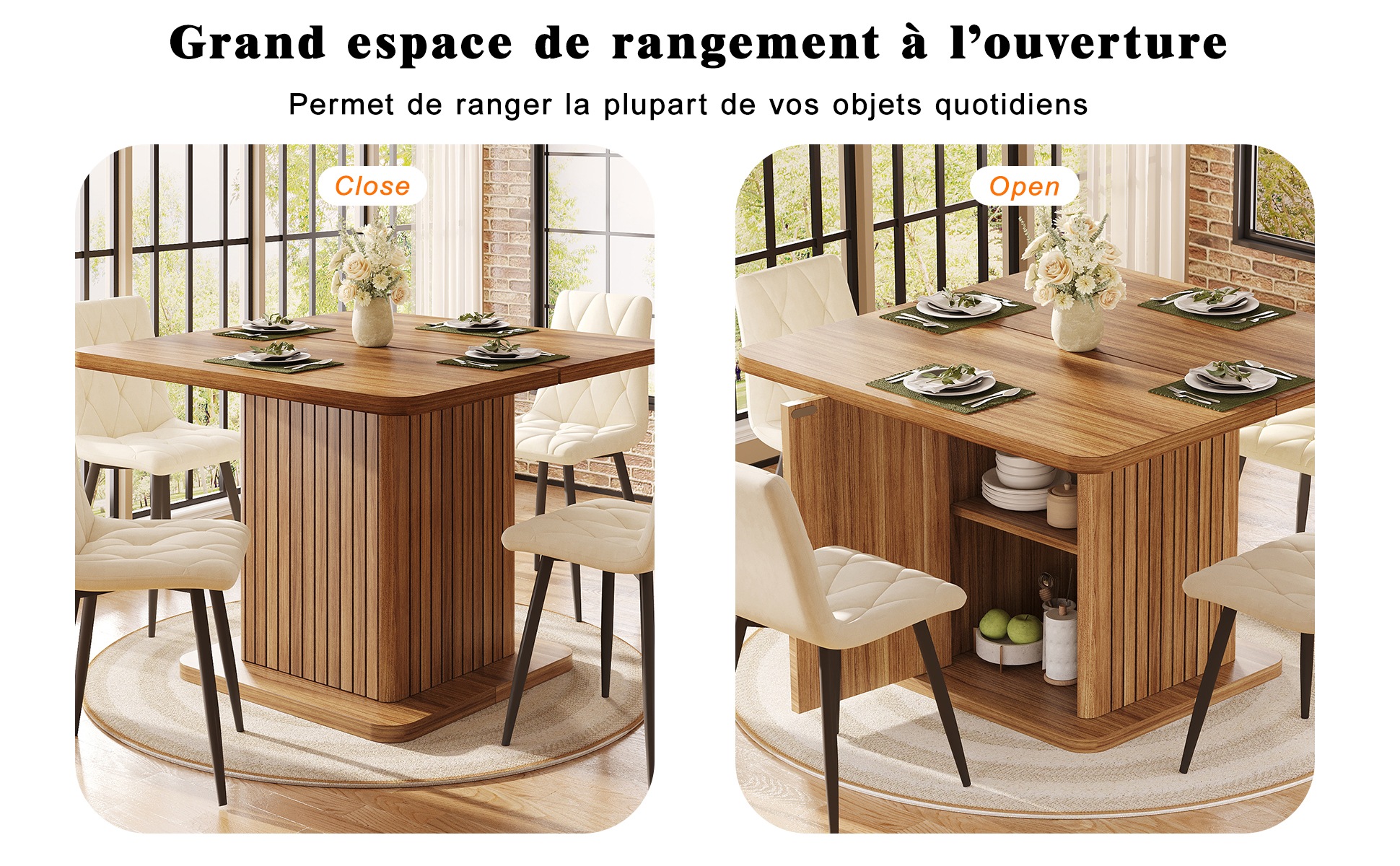 Table Bois, Rangement - MDF et Bois - 80x80x76cm - Salle à Manger 2