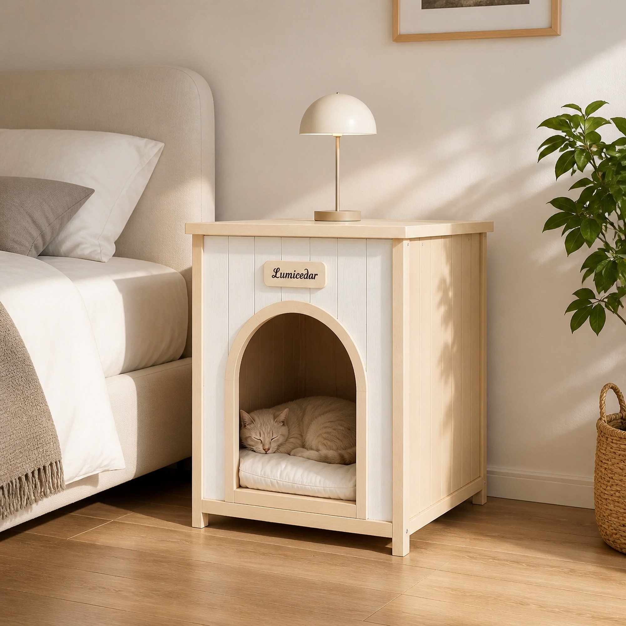 Maison pour Chat Blanc Crème, Bois Massif FSC, Style Scandinave, Usage Intérieur, Coussin Confort - Bois - 53x51.6x60cm - Maison 5