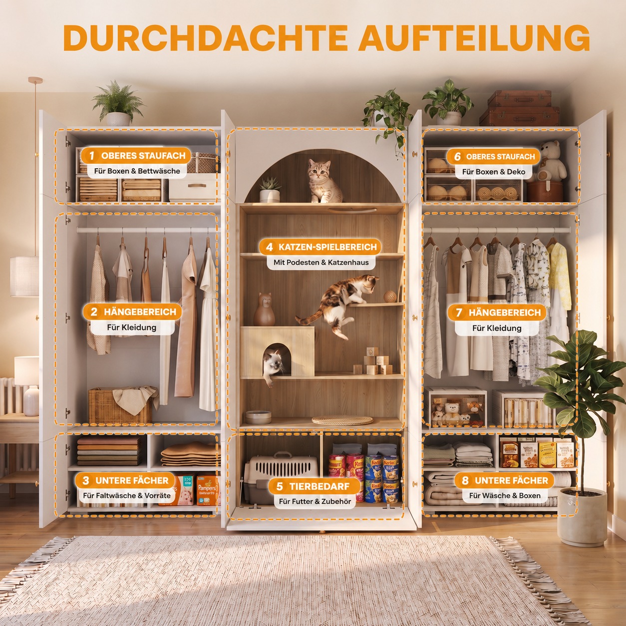 Armoire pour Chat Blanc, Mur d Escalade, Cave pour Chat, Coussin Confort - Panneaux de Particules et Bois - 270x50x200cm - Maison 6