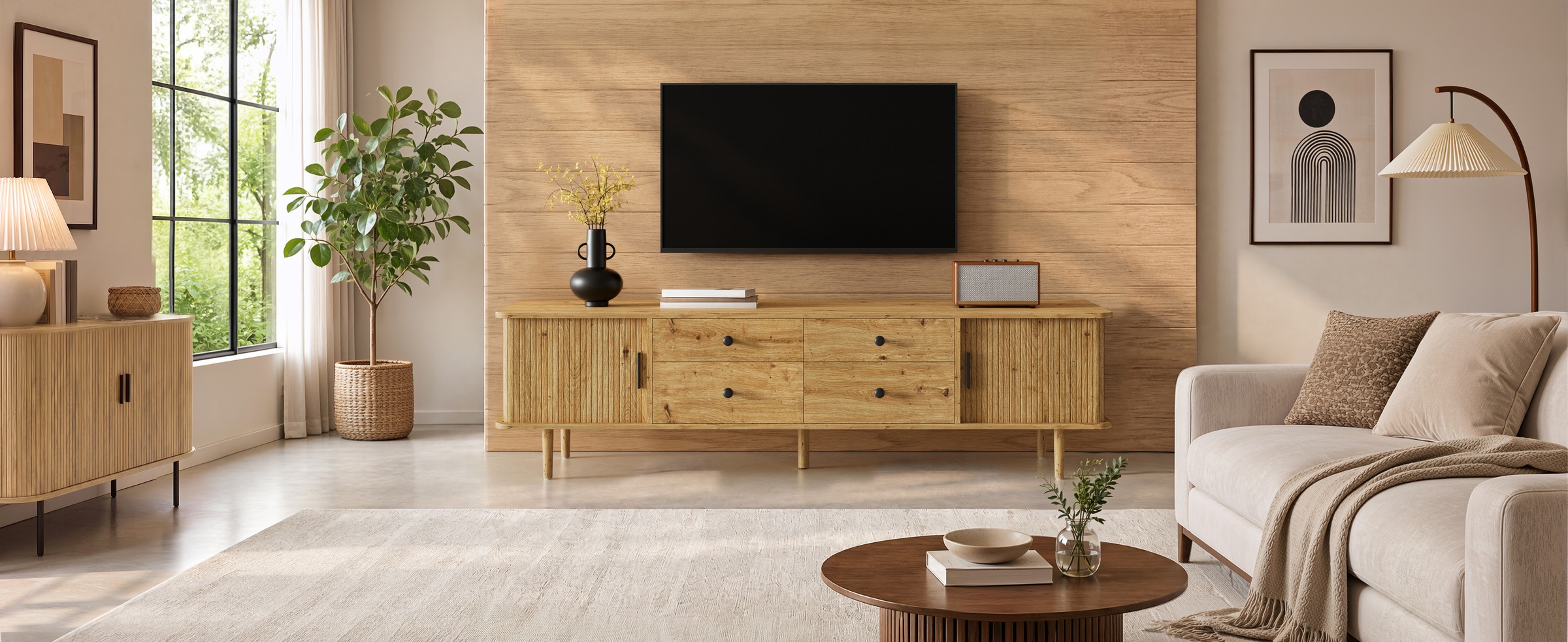 Meuble TV Bois, 4 Tiroirs, Rangement, Gestion des Câbles, Portes Coulissantes, Angles Arrondis - MDF - 165x40x46cm - Salon 1