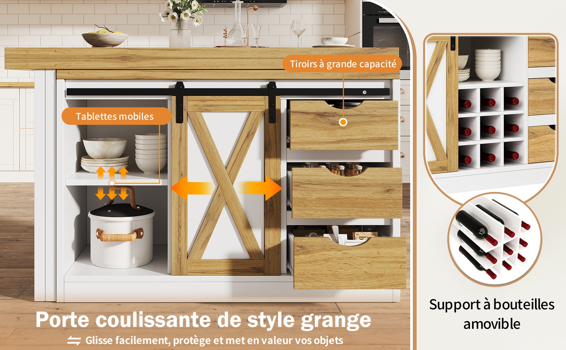 Îlot Central Blanc, Rangement, Étagères Réglables, Plan Relevable, Extensible - MDF - 120x40x72cm - Cuisine 2