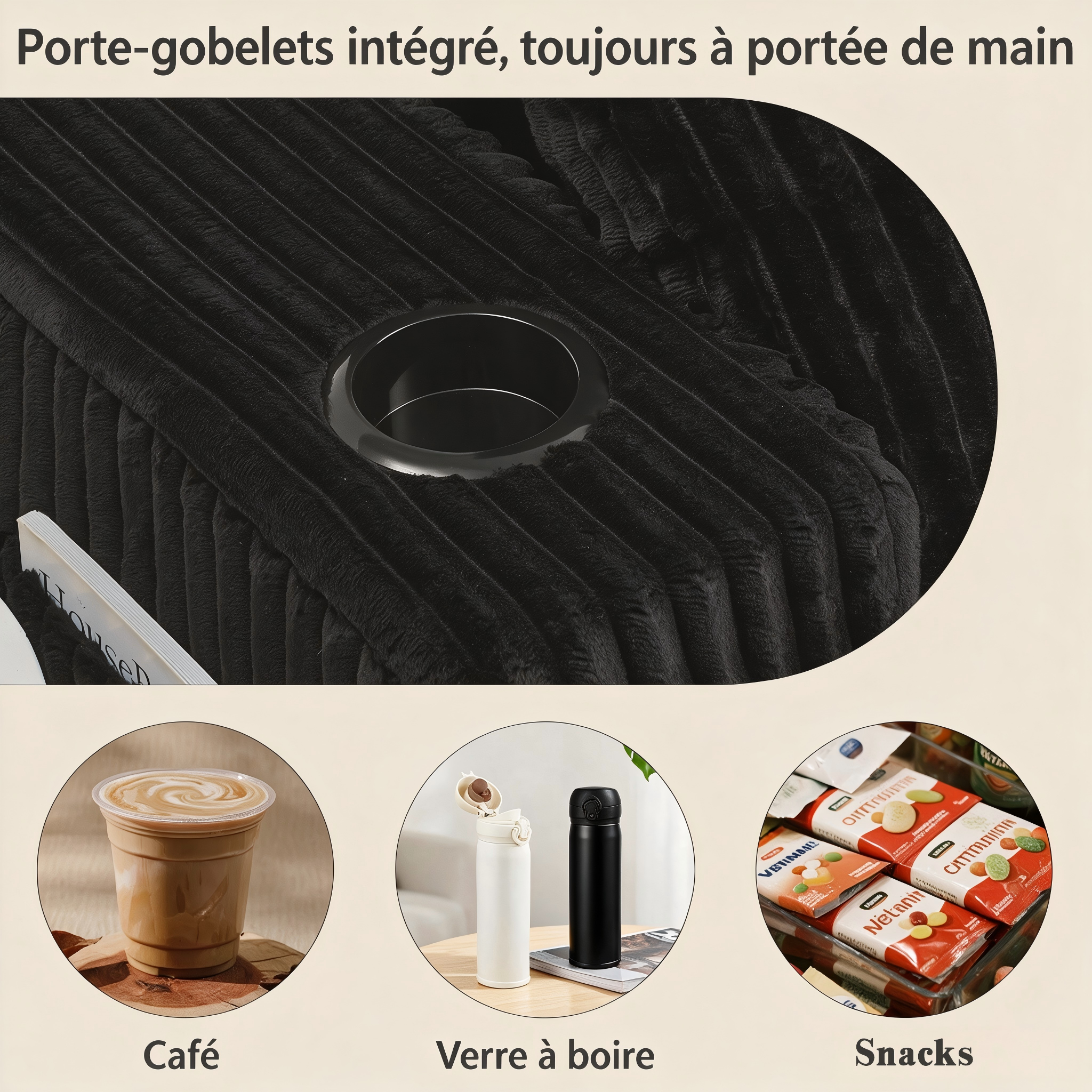 Canapé relax 2 places en cord noir avec porte-gobelets - vue 3