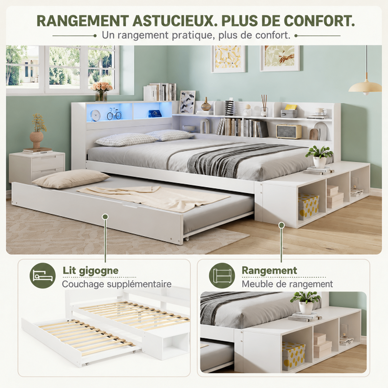 Lit multifonction blanc avec couchage gigogne, espaces de rangement et banquette