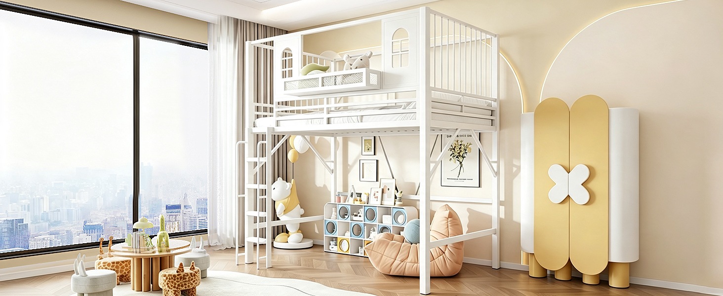 Lit superposé enfant 90×200 cm - Toit maisonnette - Structure métal - Échelle sécurité - Espace de jeu - Rangement intégré - Blanc 5