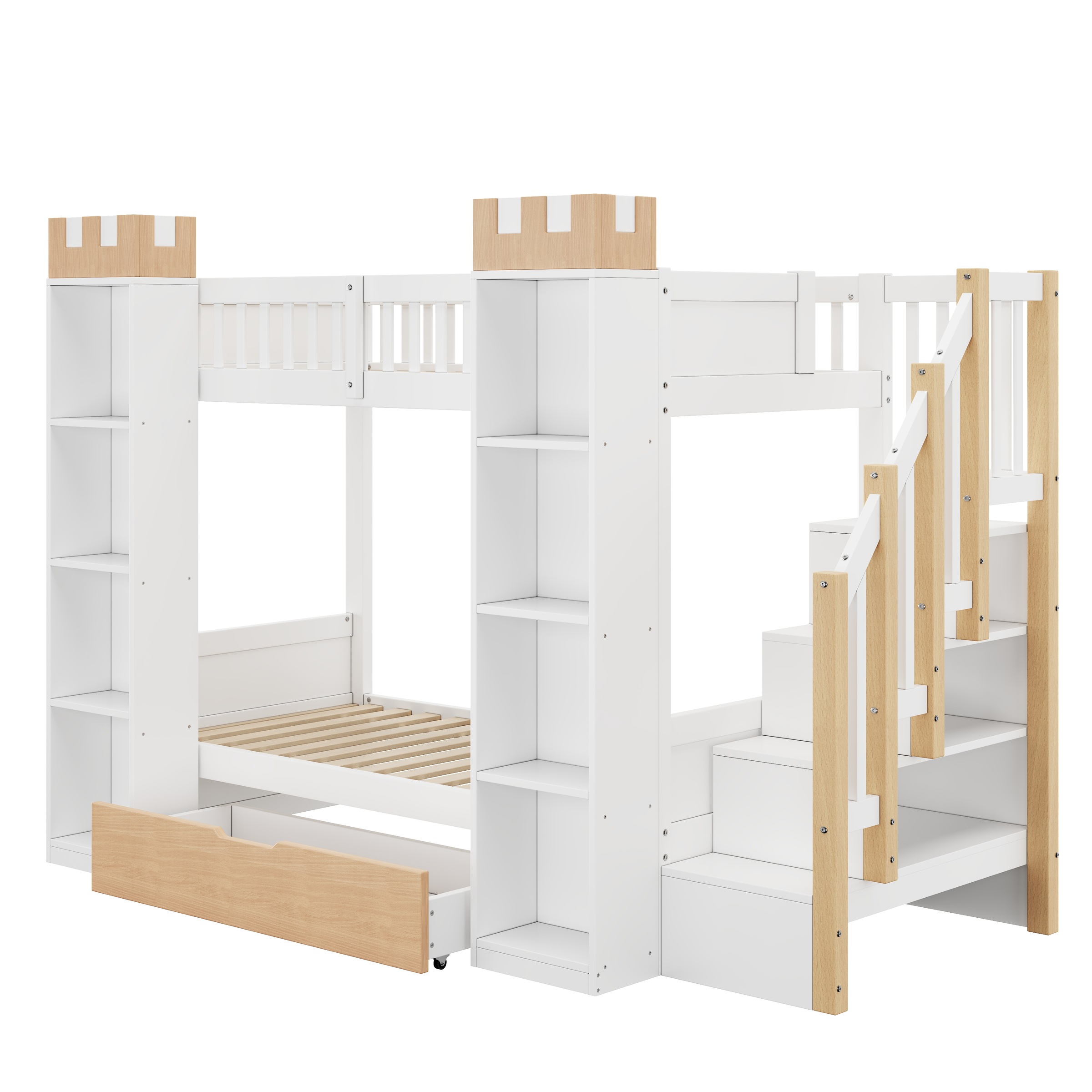 Lit superposé enfant 90×200 cm - Tiroir - Barrière anti-chute - Escalier de rangement - Rangement château - Bois - Blanc et naturel 2