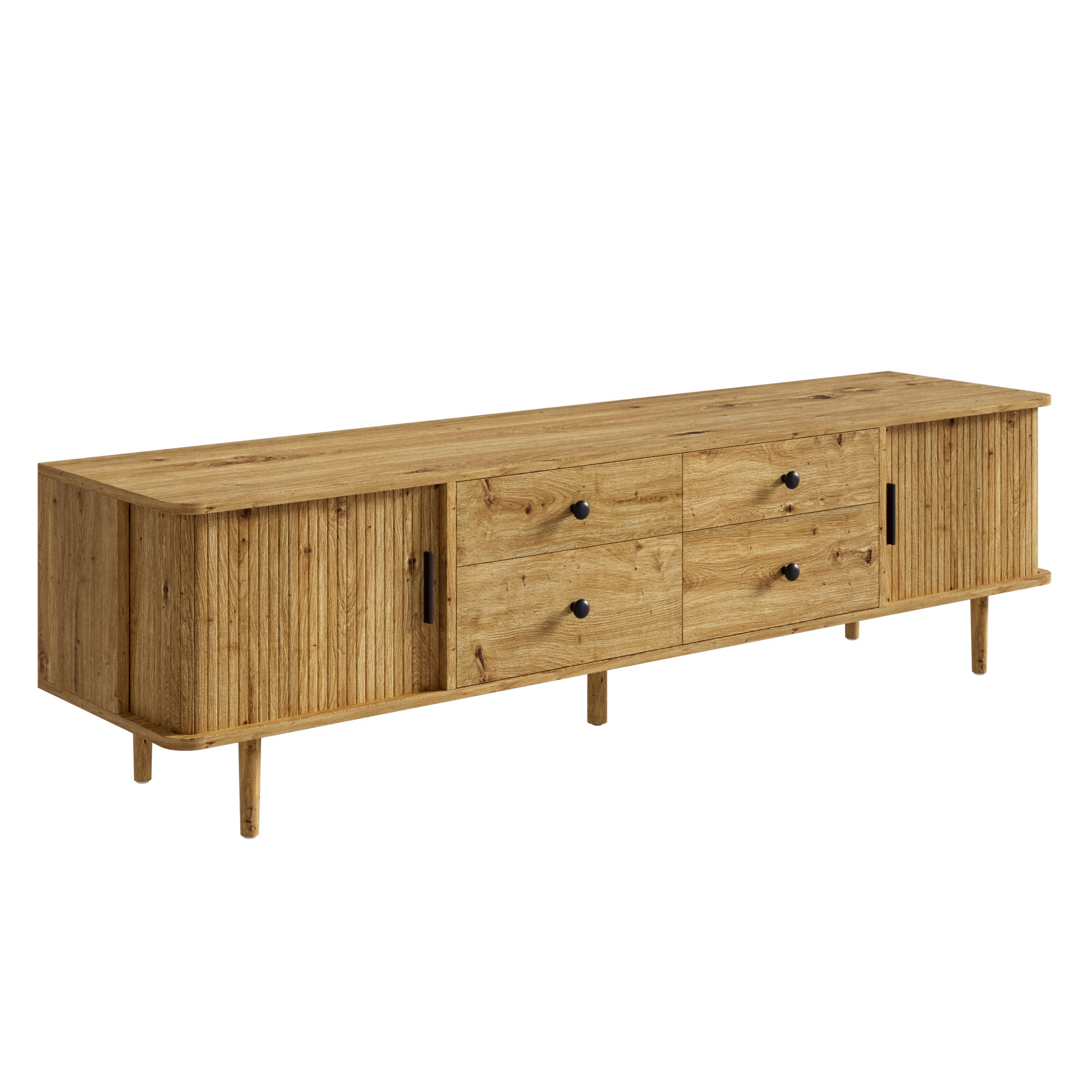 Meuble TV Bois, 4 Tiroirs, Rangement, Gestion des Câbles, Portes Coulissantes, Angles Arrondis - MDF - 165x40x46cm - Salon 3