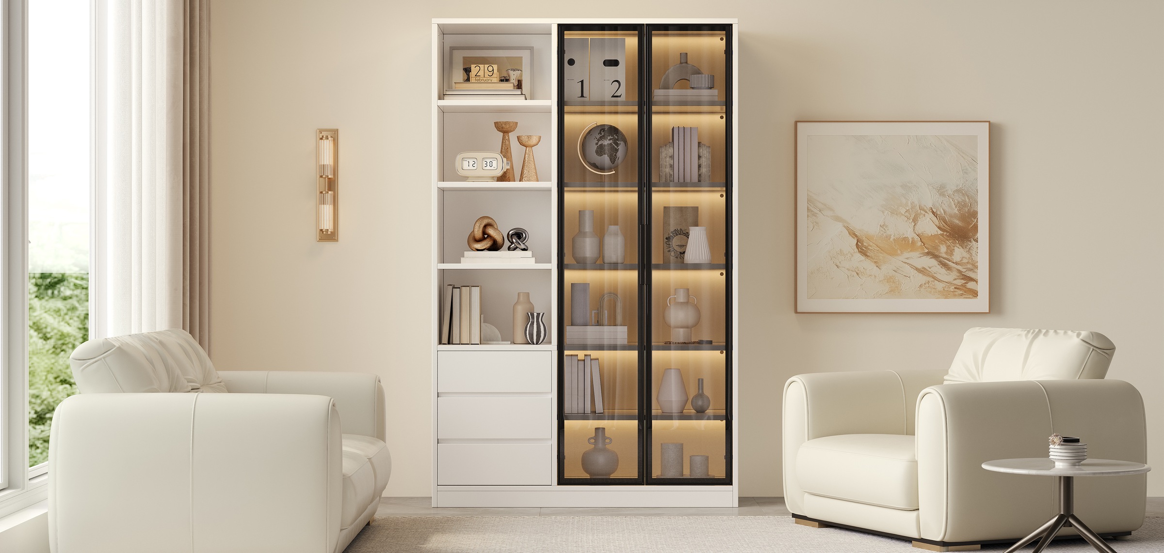 Vitrine Blanc - Éclairage LED, 3 Tiroirs, Portes, Étagères, Portes en Verre - MDF et Panneaux de Particules - 100×35×160cm 2
