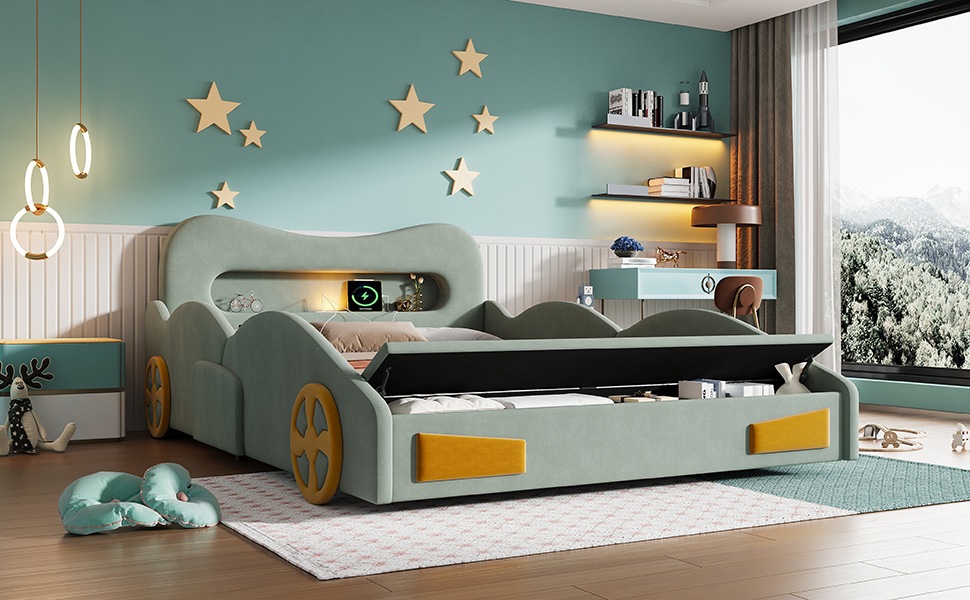 Lit Enfant Voiture Vert - Design Voiture, Rangement Intégré, Éclairage LED, USB et Type-C - Velours - 230.5×151×81cm 2